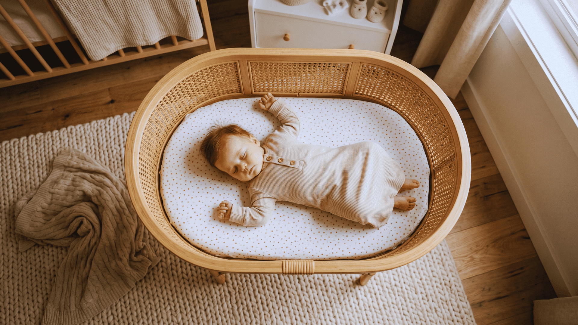 three month old baby sleeping in a wicker bassinet with a fitted sheet beside a window in natural light (2)