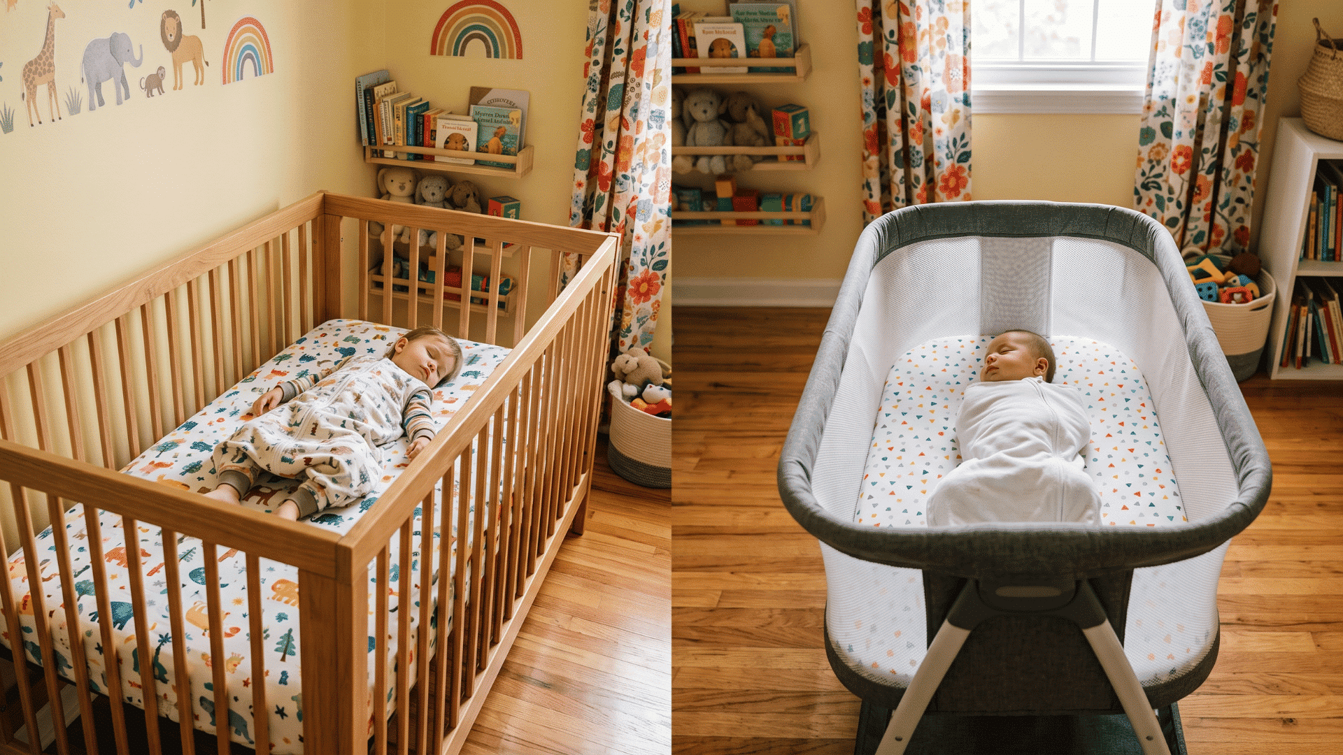 toddler sleeping in a wooden crib beside a baby resting in a mesh bassinet in a colorful nursery