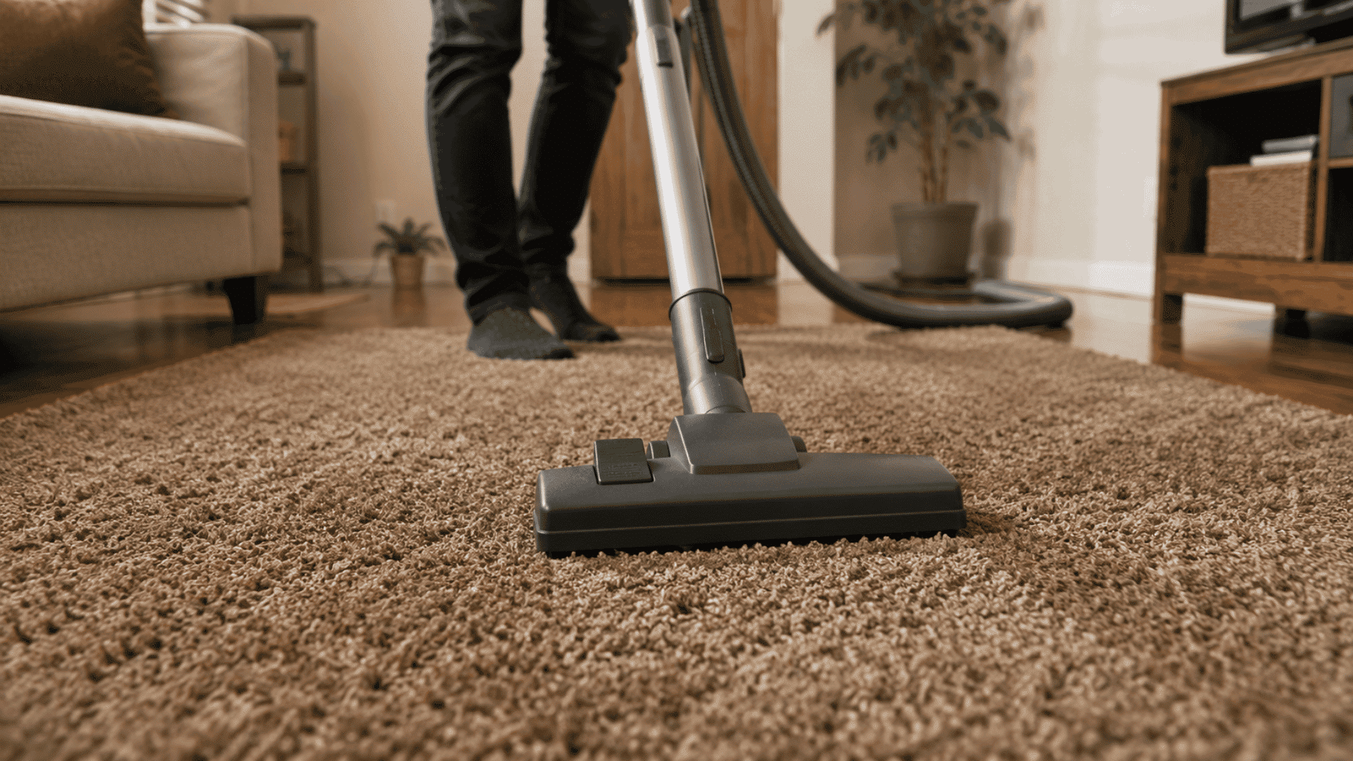 vacuum cleaner gliding across a brown textured rug in a sunny living room with wooden floors and soft daylight
