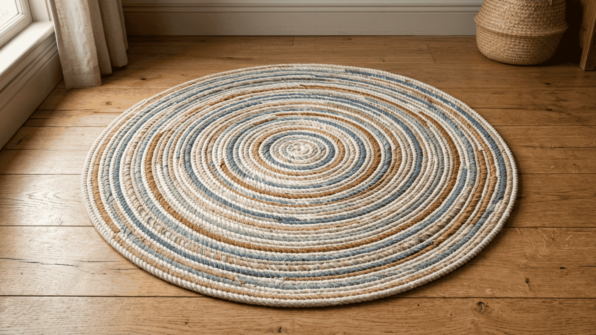 wrapped coiled rope rag rug with fabric covered rows in soft colors resting flat on clean wooden floor indoors