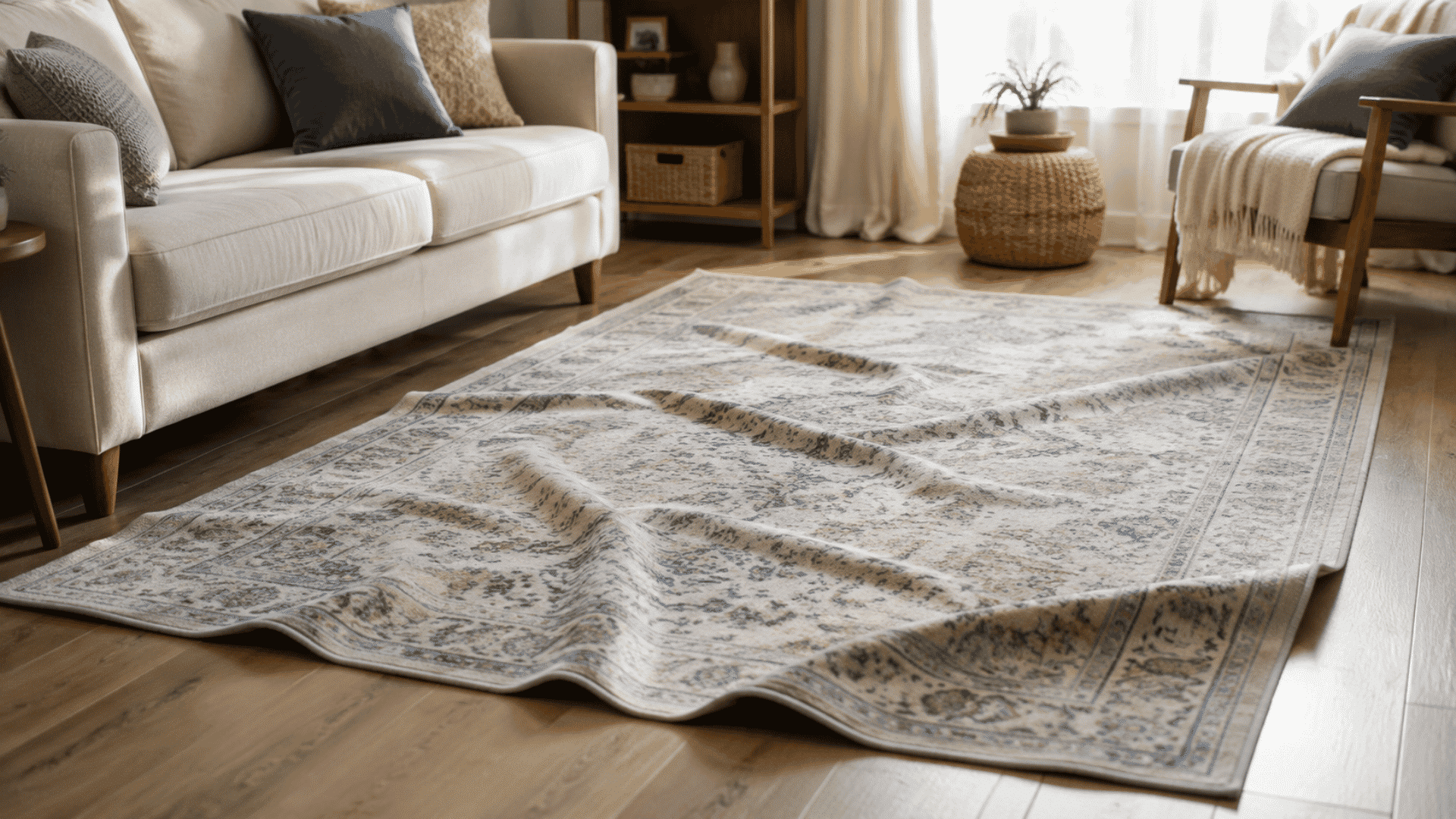 wrinkled area rug with curled edges in a cozy living room on wood flooring near a sofa and chairs in sunlight