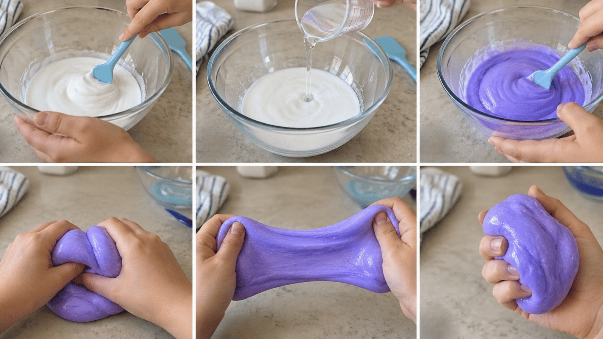 six steps showing how to add slime activator, stir the glue mixture, knead the slime, and adjust its texture
