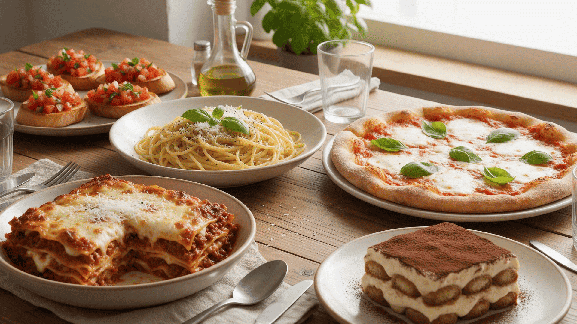 Bruschetta, carbonara, pizza Margherita, lasagna and tiramisù arranged across a dining table.