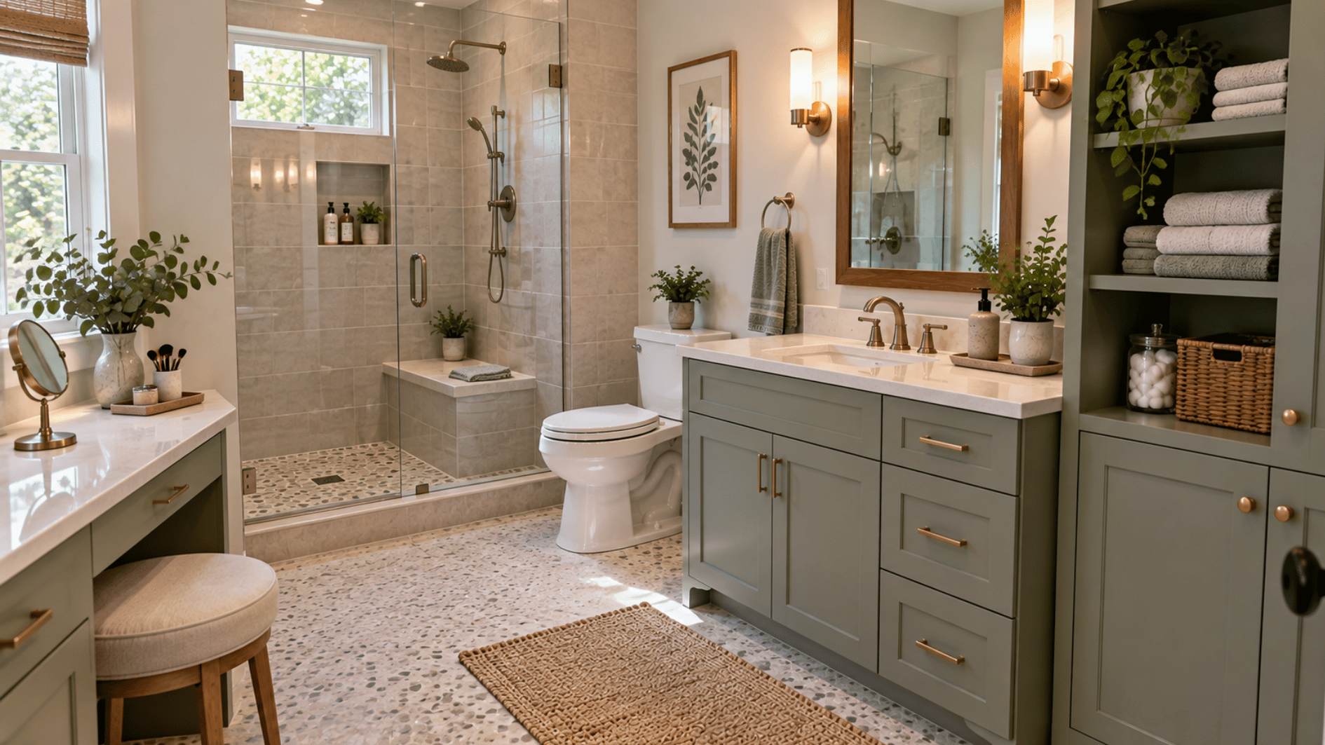 3/4 bathroom with shower bench makeup counter linen storage single vanity and toilet