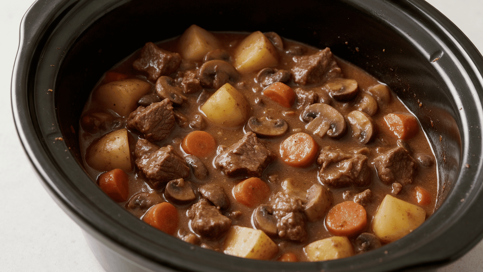 Slow cooker beef stew with tender beef, potatoes, carrots, and mushrooms in thick brown gravy