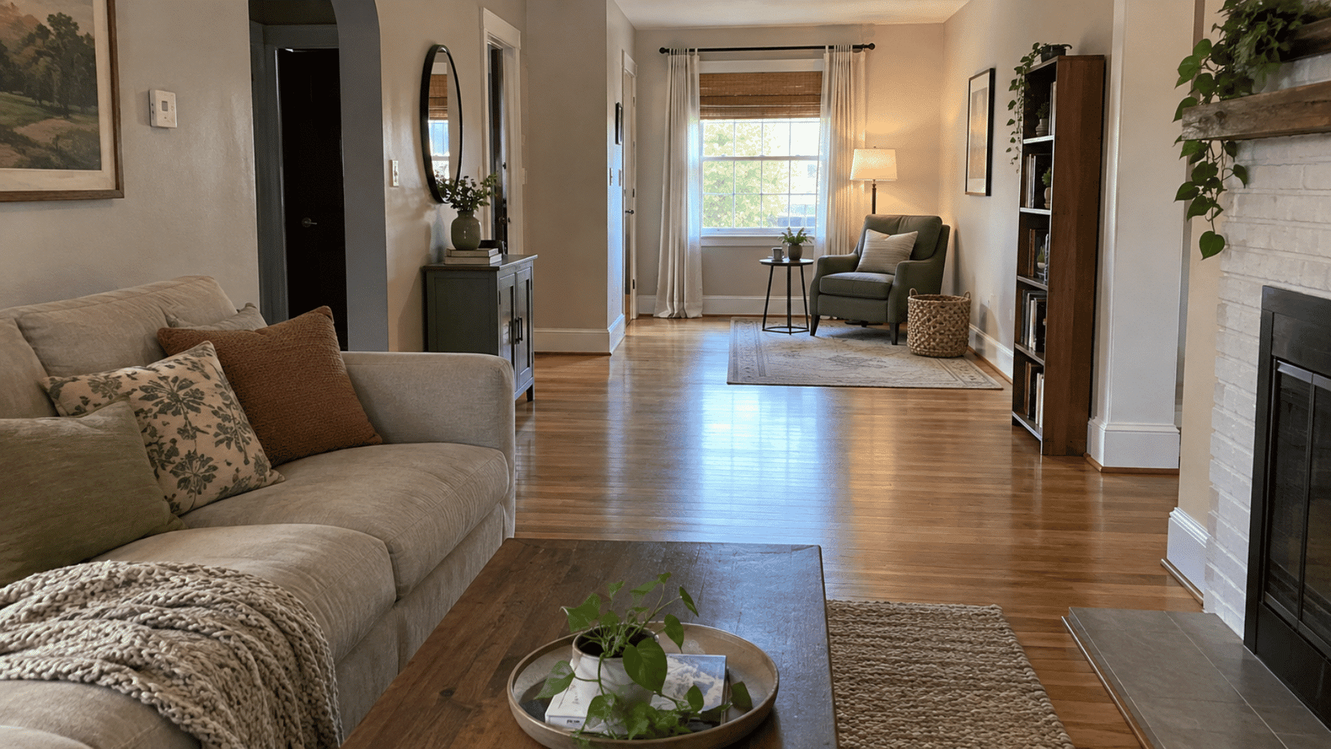 long living room leading to a window reading nook with a chair, lamp, and bookshelf