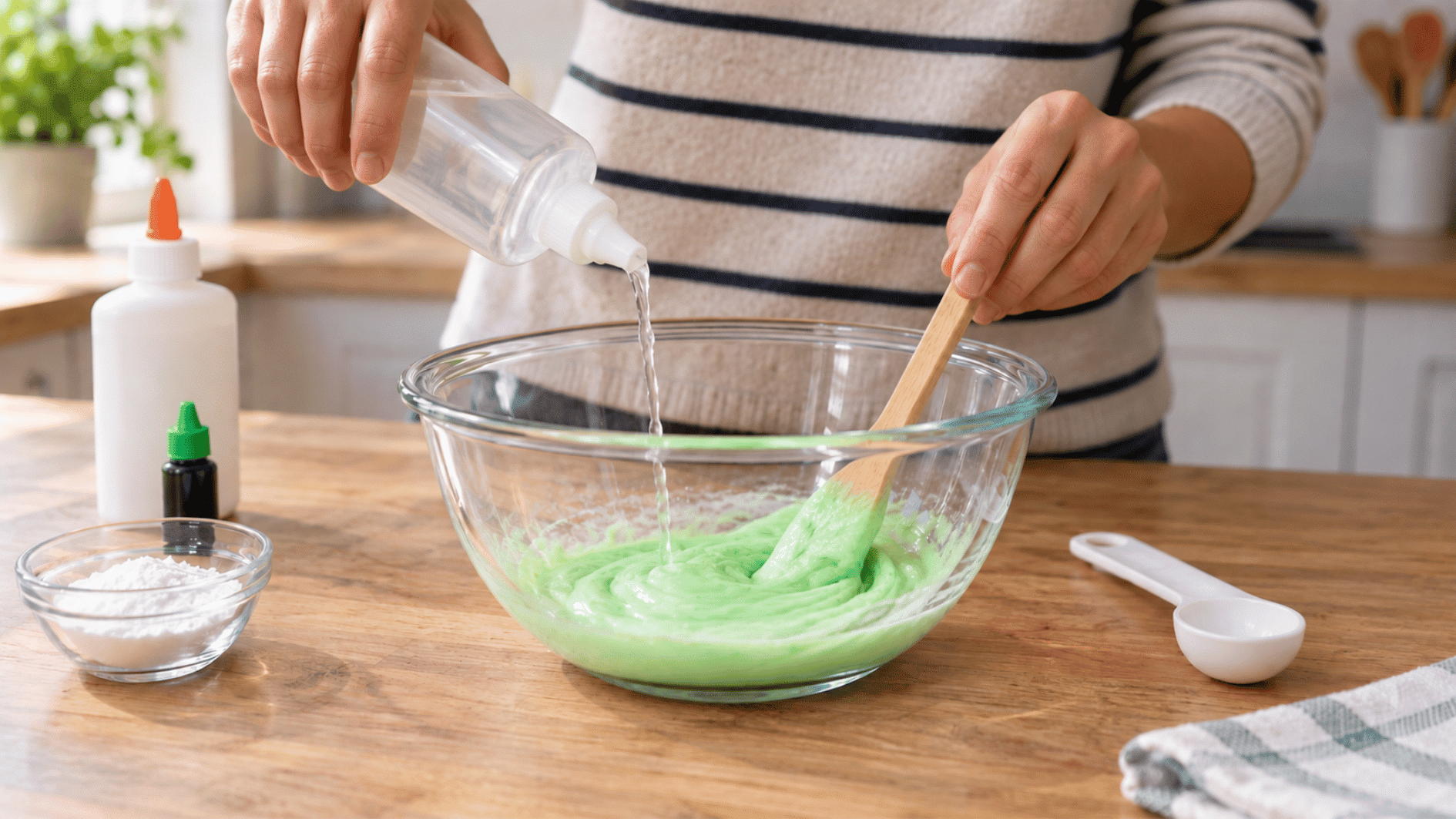 clear slime activator being added slowly as green slime thickens and pulls from the mixing bowl