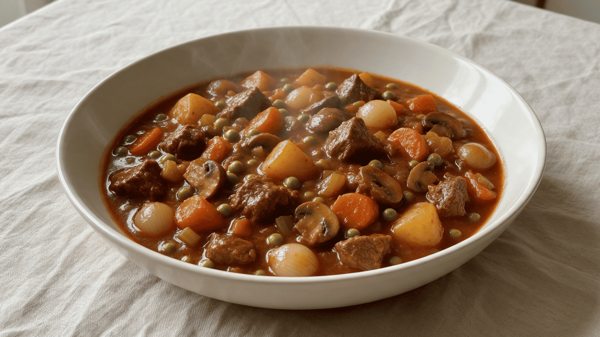 Full bowl of beef stew with beef, potatoes, carrots, pearl onions, mushrooms, peas, and gravy on a tablecloth