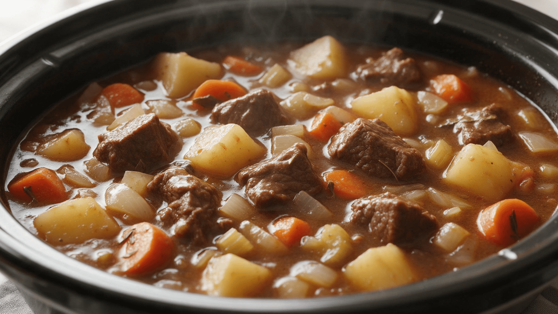 Slow cooker beef stew with beef chunks, potatoes, carrots, onion, and celery in rich brown broth