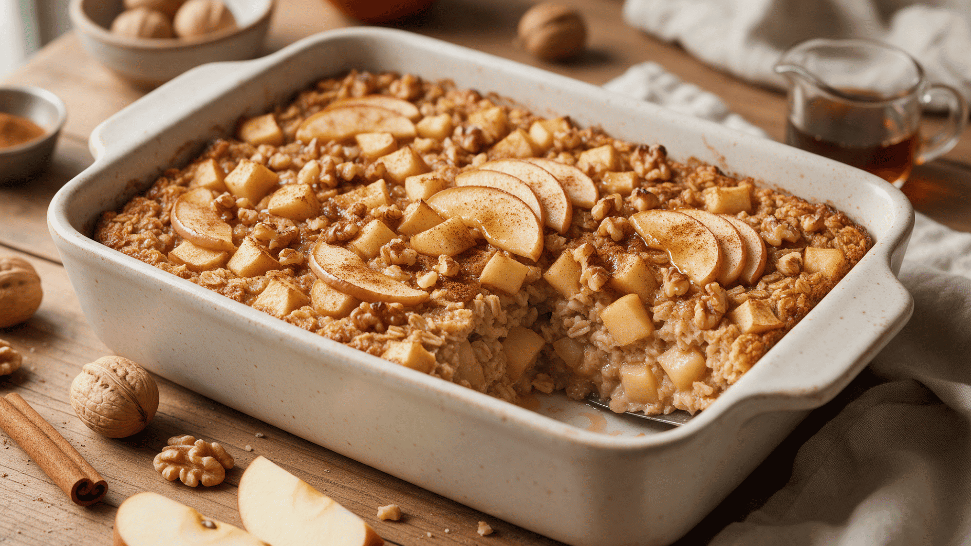 apple cinnamon walnut baked oatmeal with sliced apples and walnuts on top