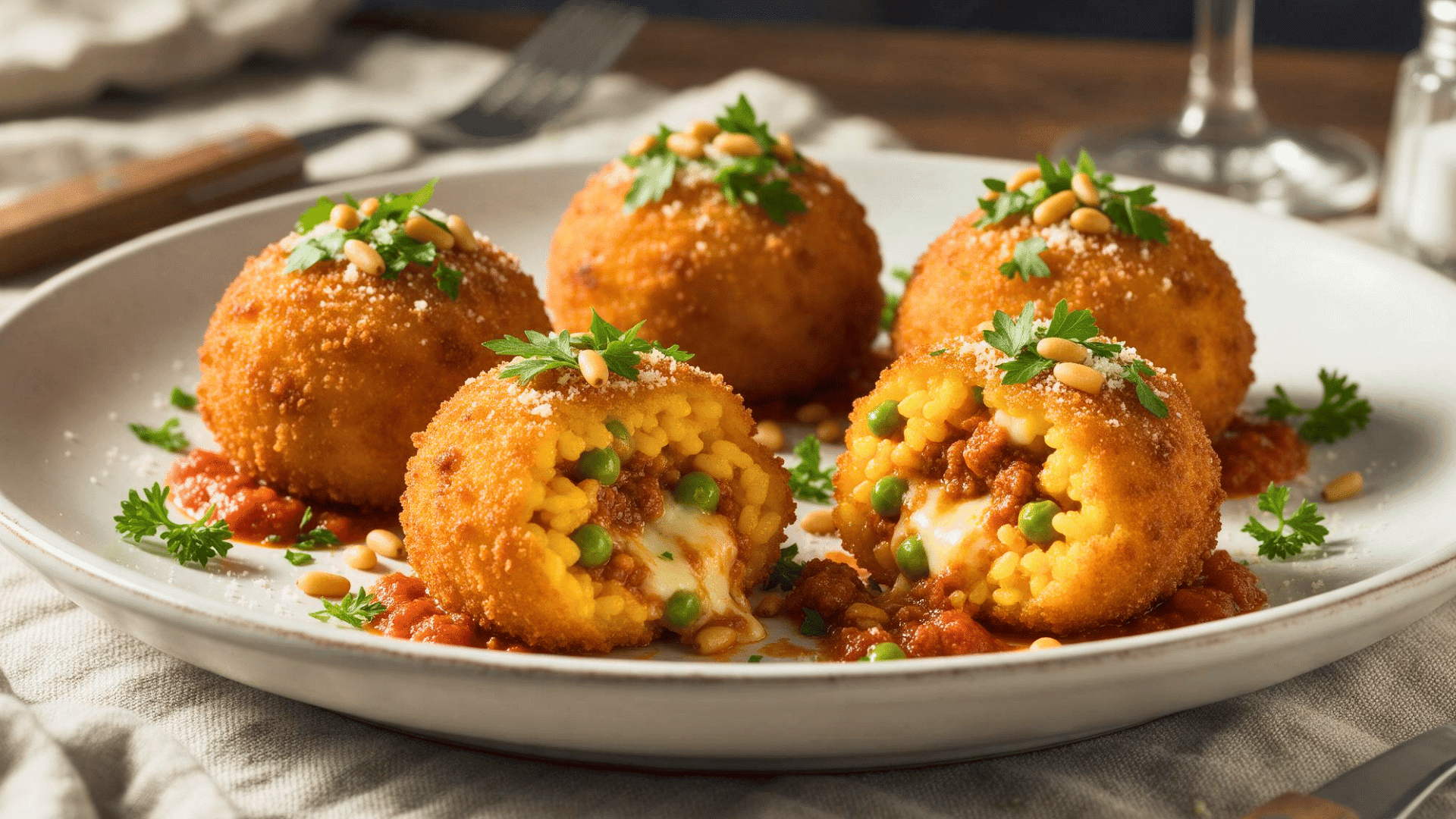 Five breaded rice balls with tomato sauce, parsley, and pine nuts, with two cut open to show peas, meat, and melted cheese.