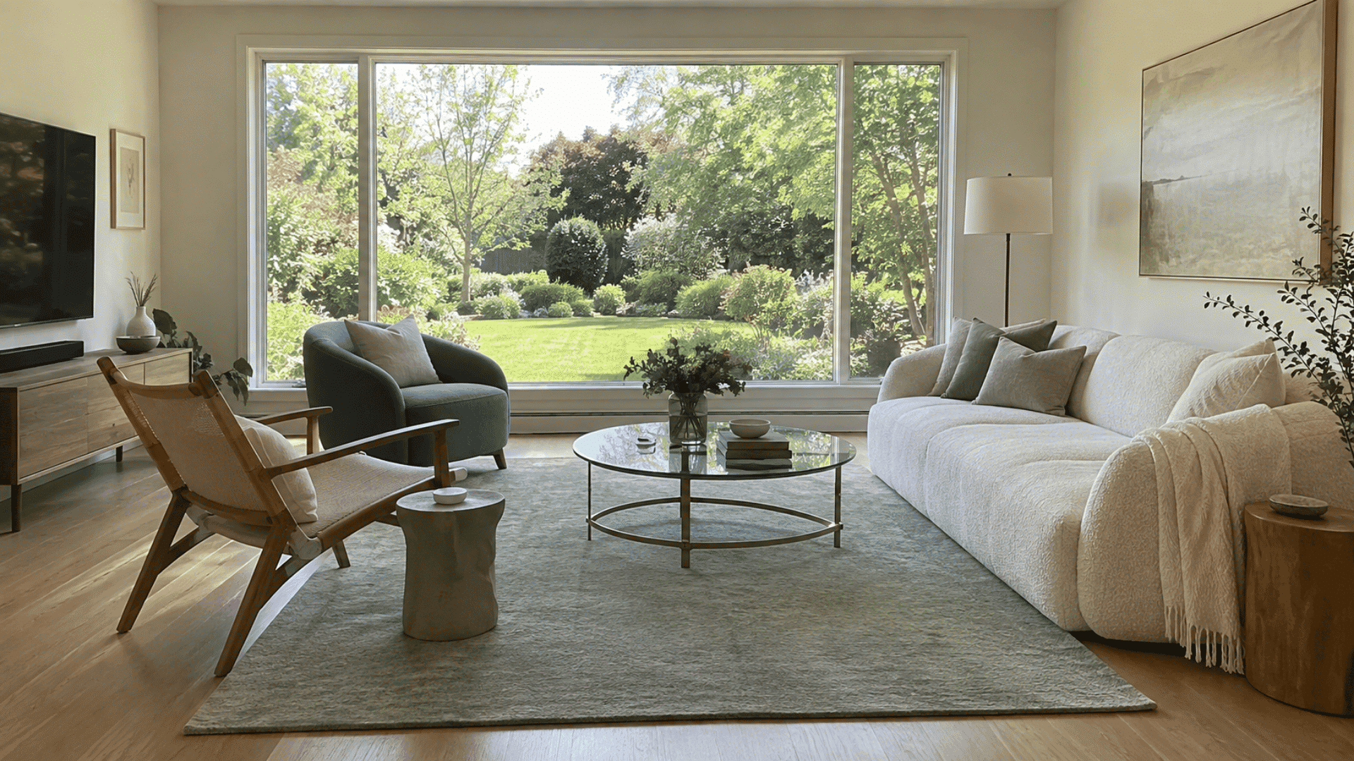 cream sofa and two different chairs arranged by a large window overlooking a green backyard