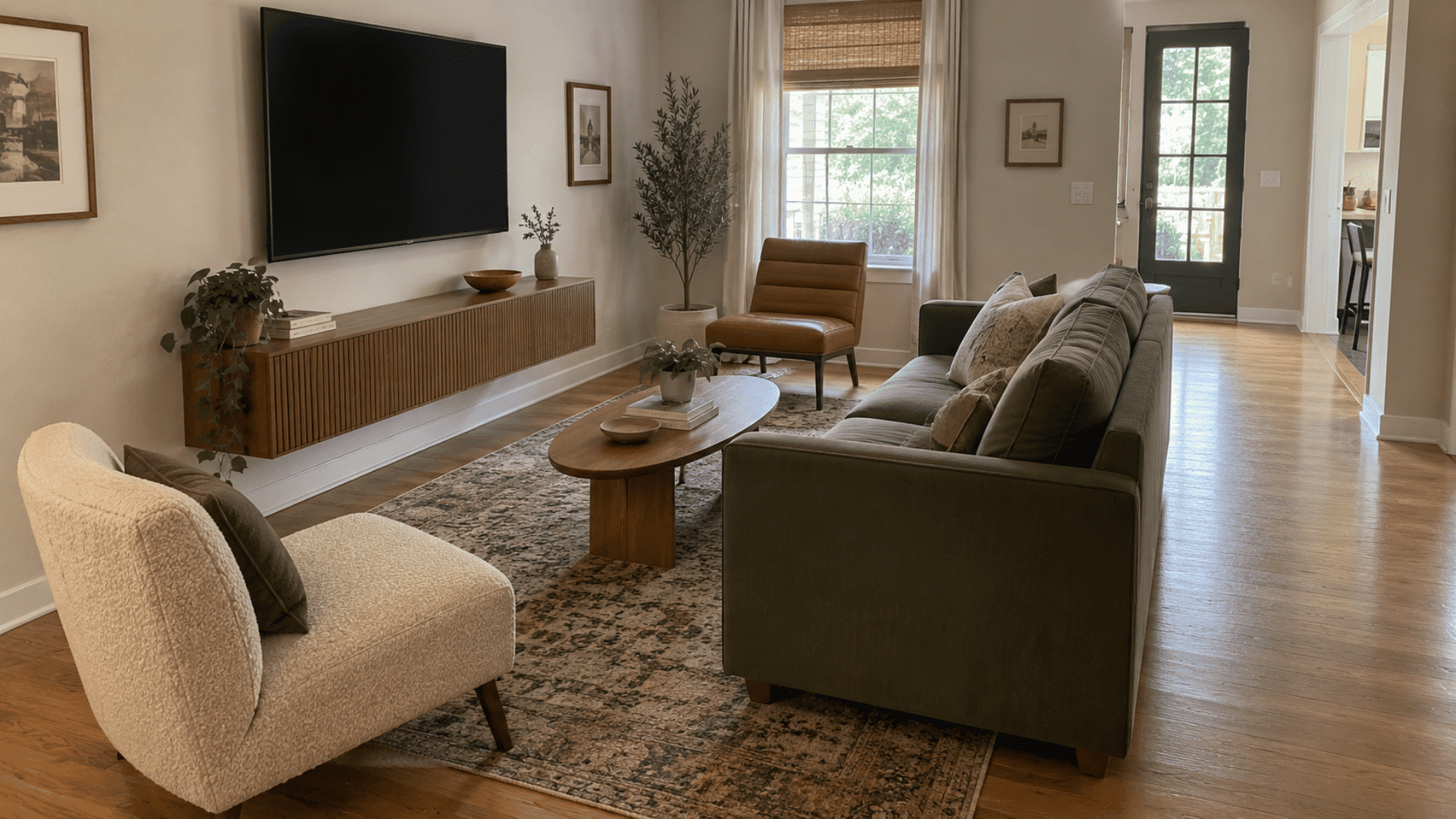 wall-mounted TV facing a sofa and two chairs with a clear walkway behind the seating