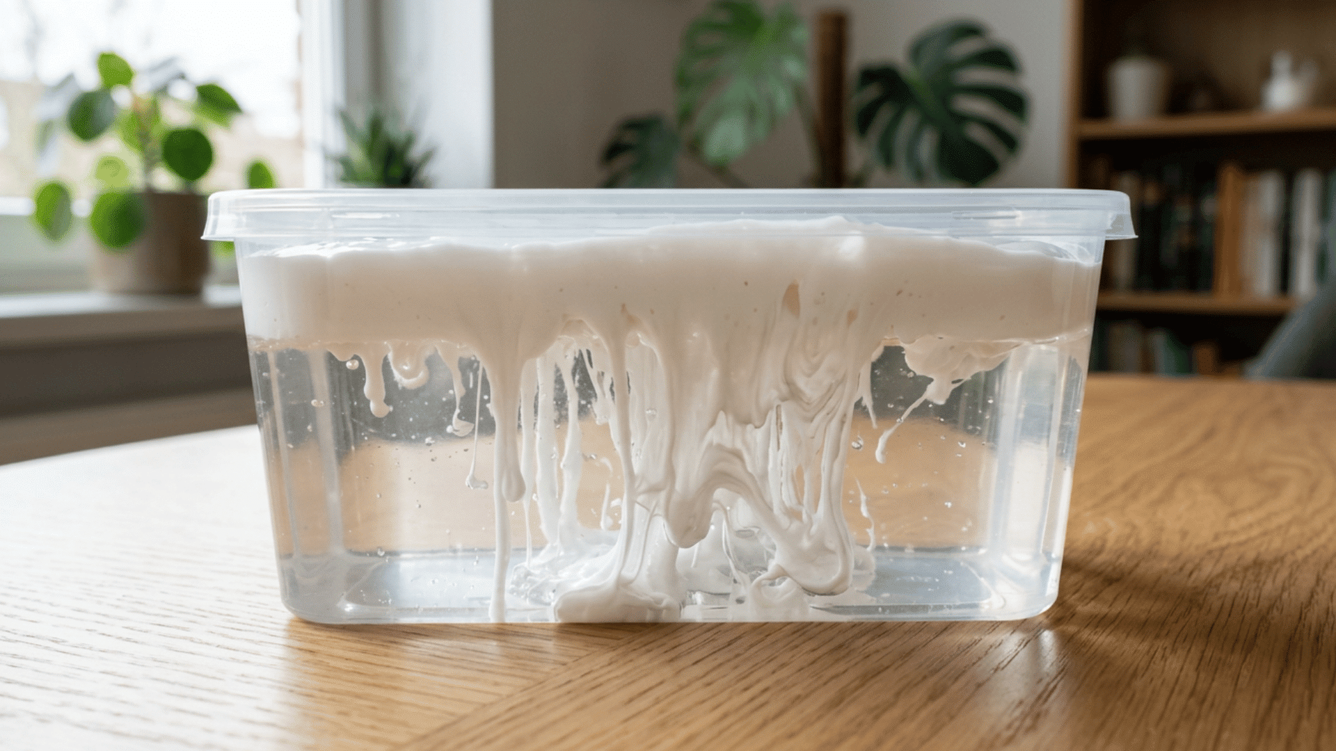 avalanche slime with white slime sinking through clear slime in a marbled layered effect