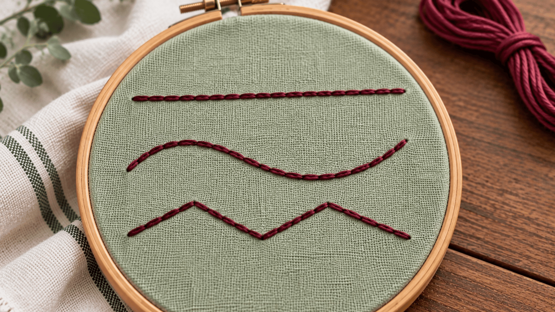 burgundy backstitch embroidery on sage fabric showing solid connected lines with no visible gaps
