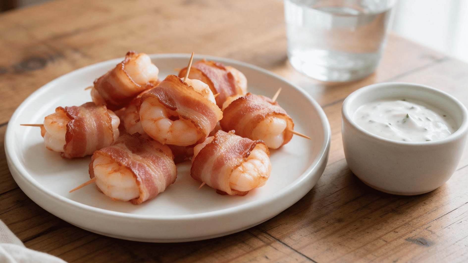 bacon wrapped shrimp bites with crisp browned bacon served beside a small bowl of creamy dipping sauce