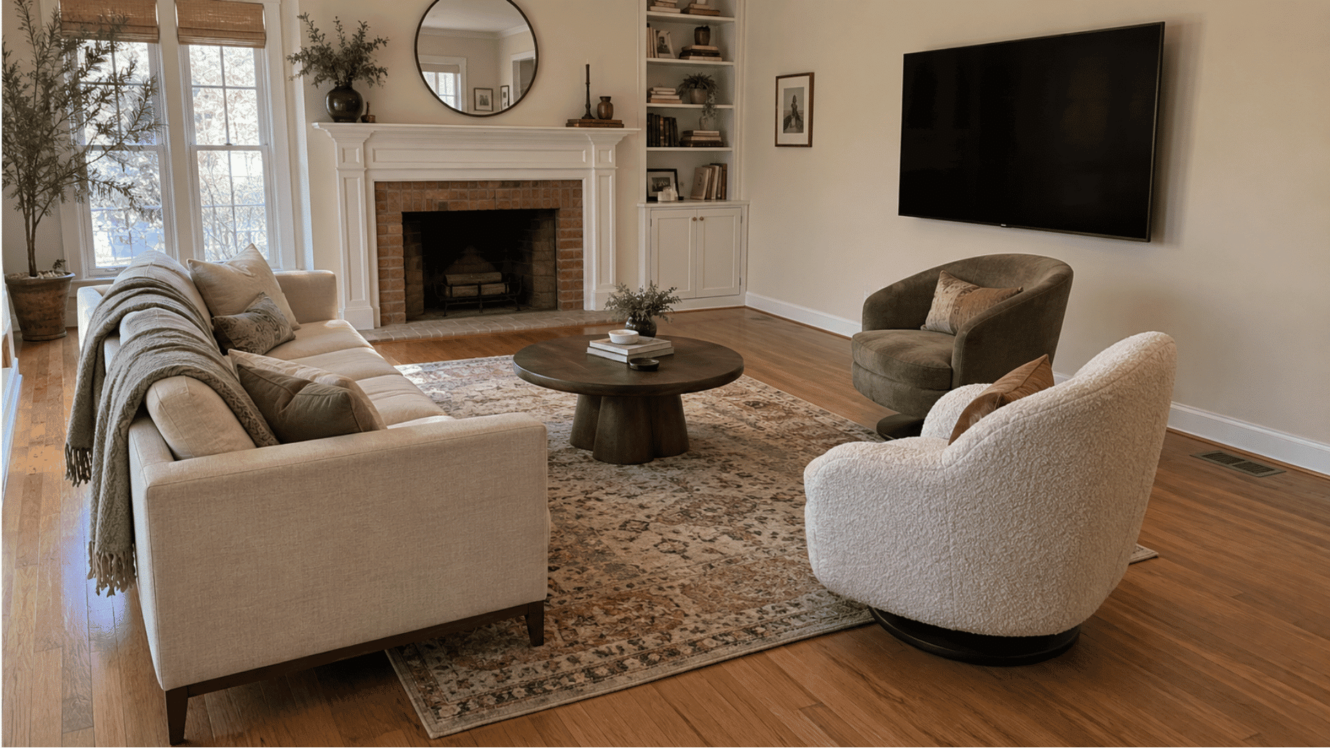 long living room with a fireplace, wall-mounted TV, sofa, and two swivel chairs