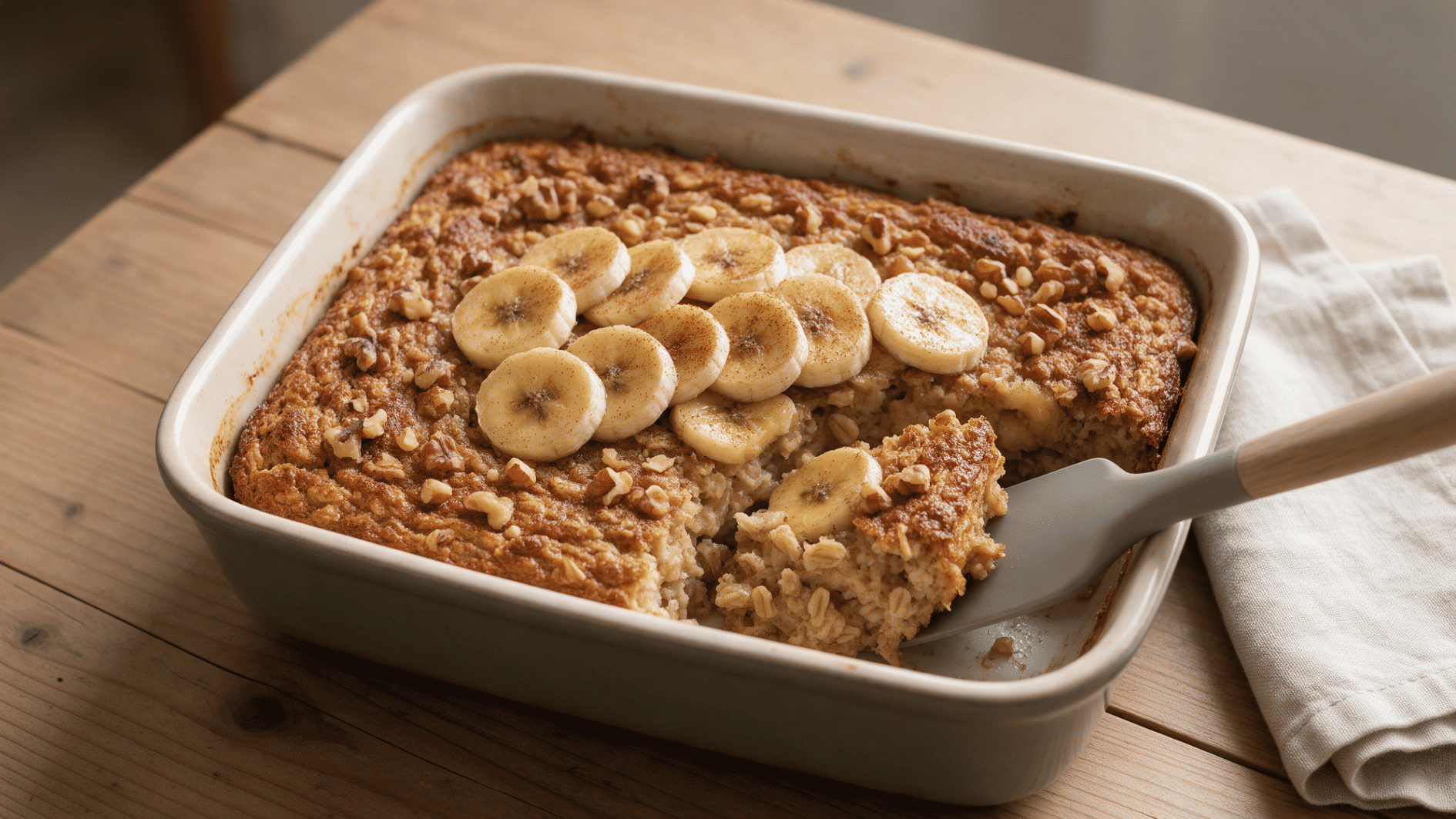 banana bread baked oatmeal with banana slices and walnuts in a dish