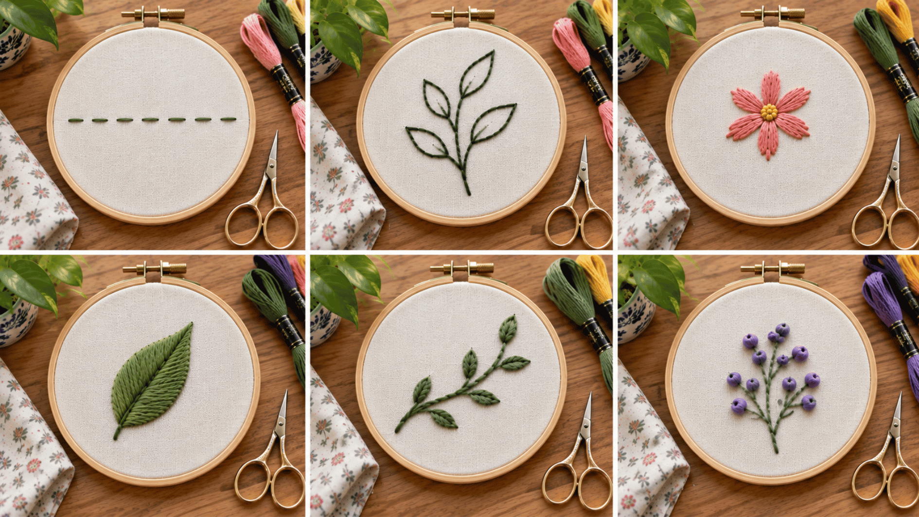 six basic embroidery stitches shown in wooden hoops on cream fabric with thread, scissors, and a natural craft setup