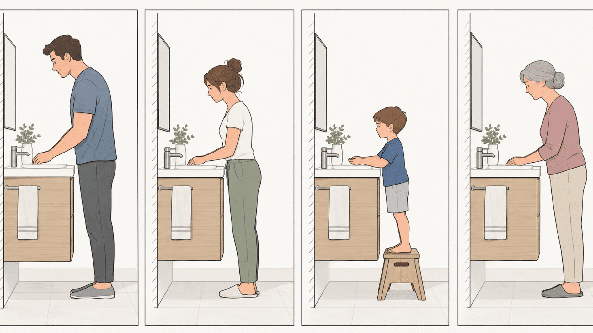 illustration showing bathroom vanity height for tall adults, shorter adults, children, and older users