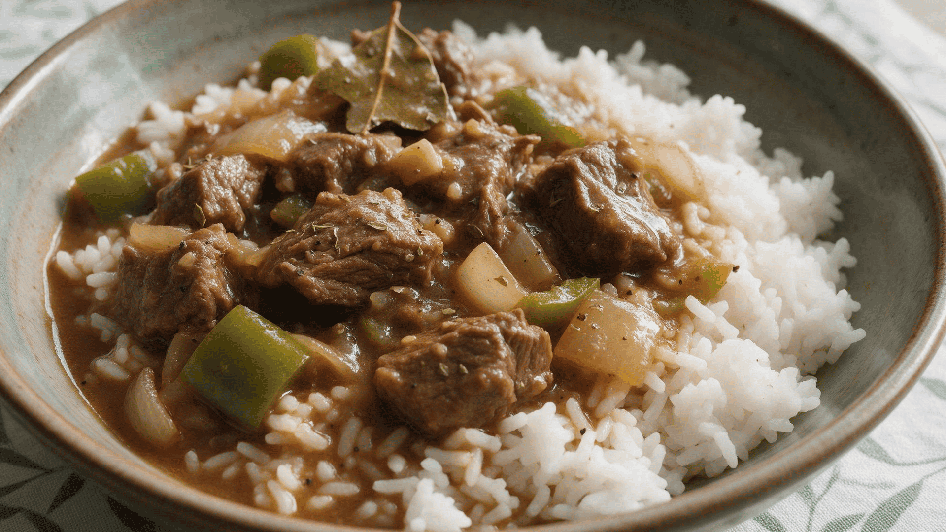 Beef chuck stew with green bell pepper and onions served with white rice in a rustic bowl