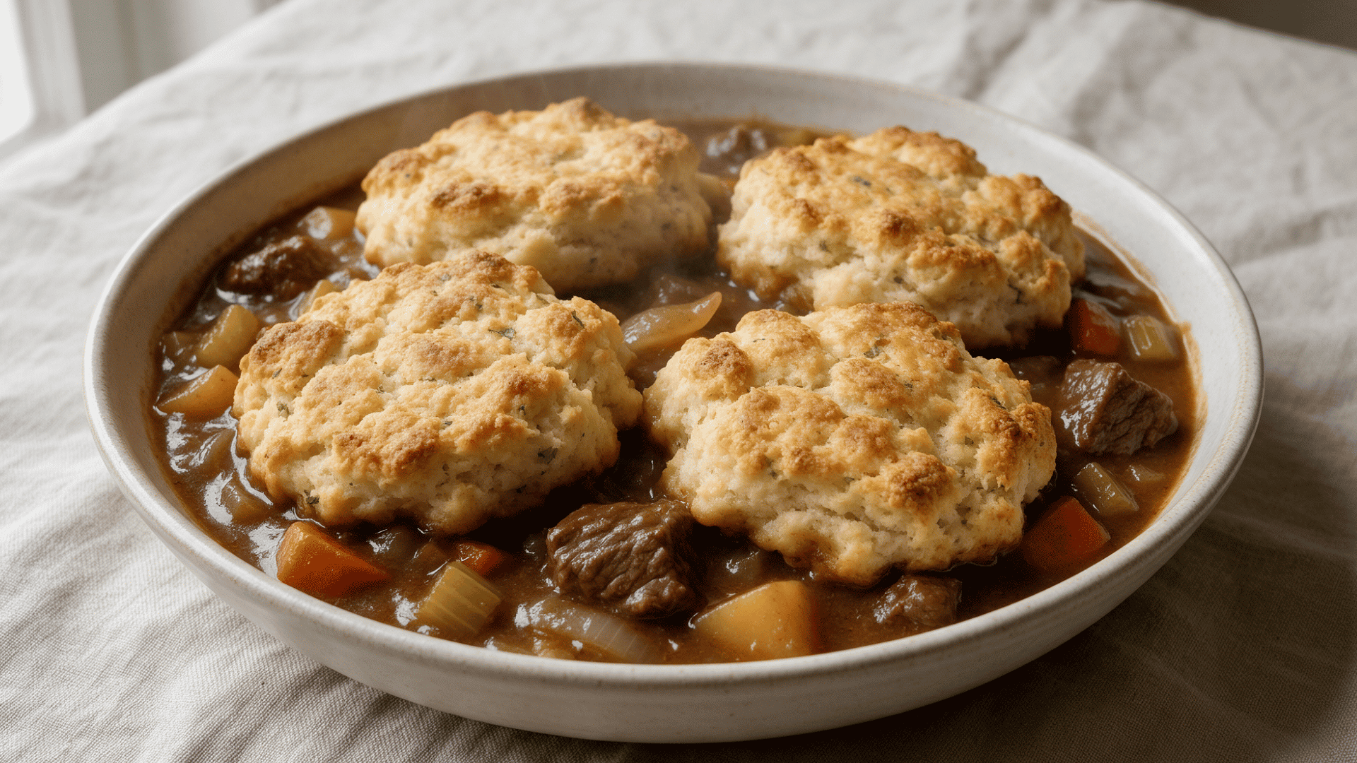 Full bowl of beef stew topped with golden biscuit dumplings, beef, carrots, potatoes, celery, and brown gravy