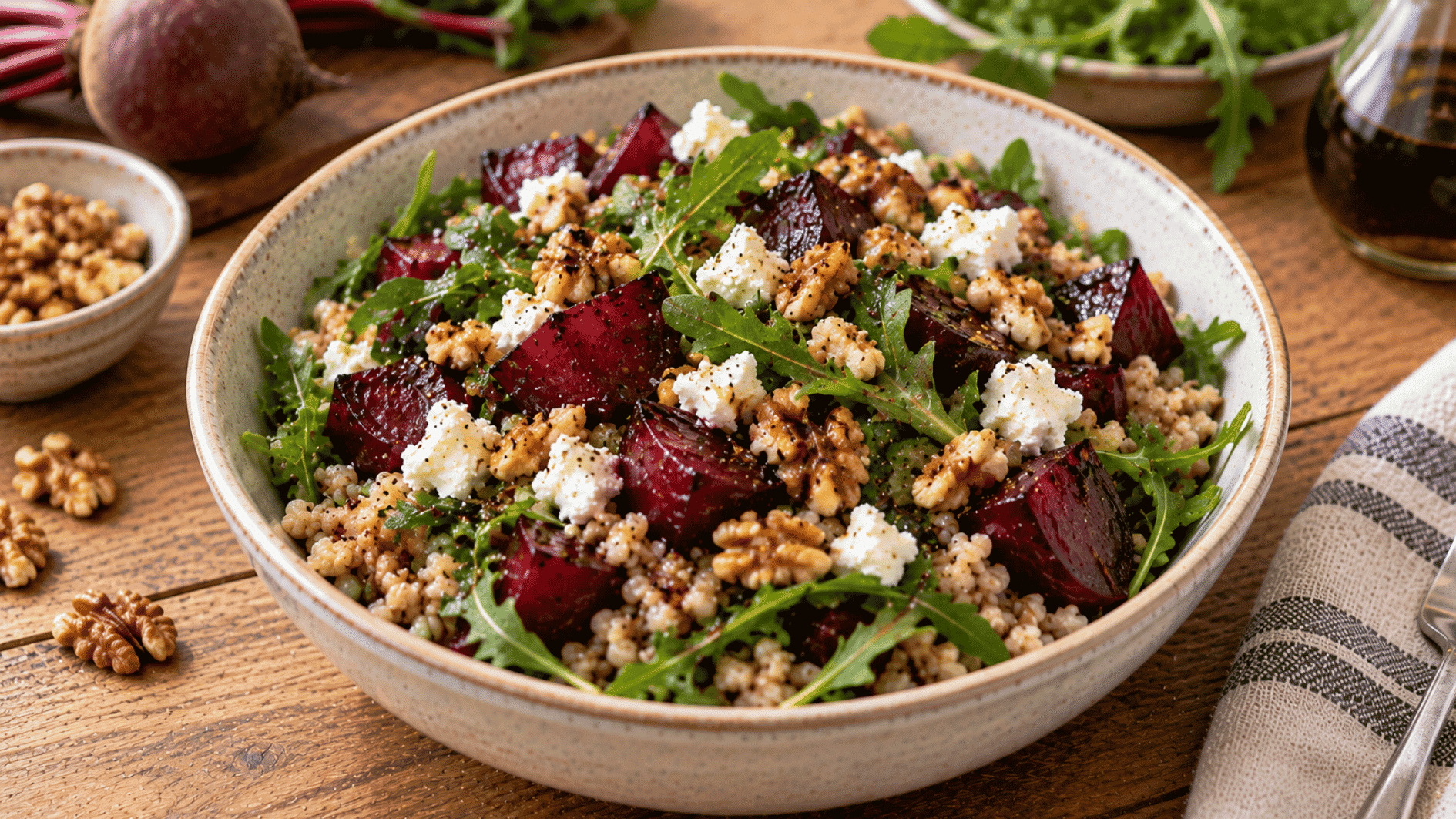 beet and barley grain bowl with roasted beets arugula goat cheese walnuts and balsamic dressing