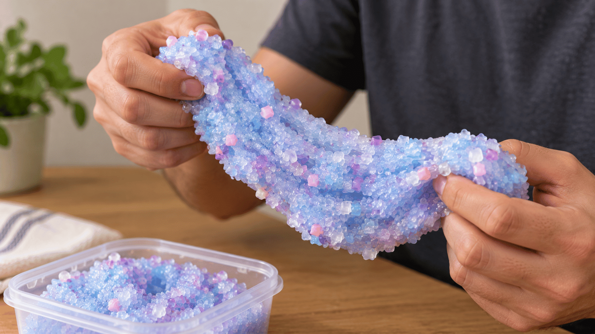 bingsu slime filled with crunchy plastic pieces creating a colorful textured surface in a clear box