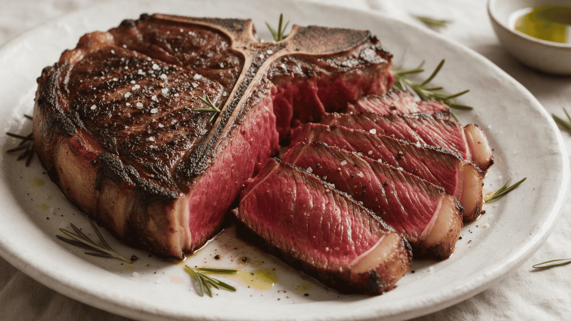 Thick bistecca alla fiorentina sliced rare beside its t-bone with coarse salt and rosemary.