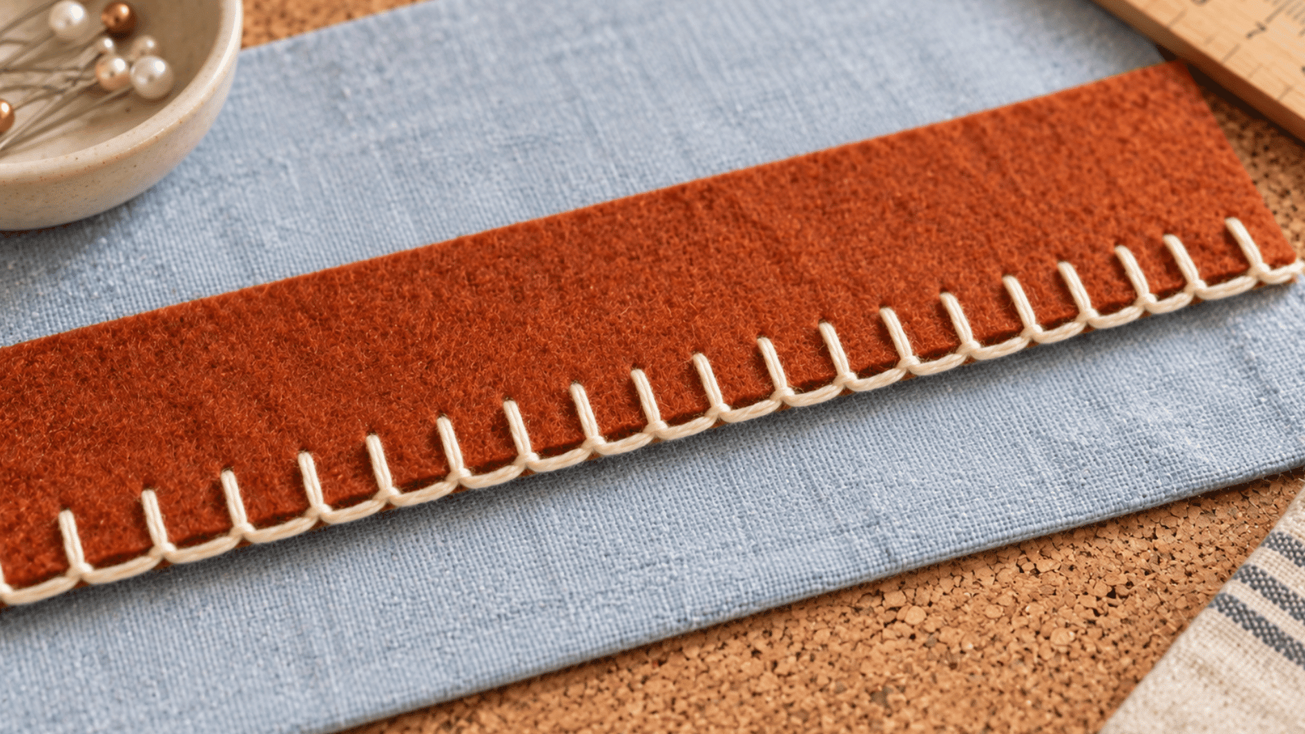 cream blanket stitch along rust felt edge showing evenly spaced vertical stitches joined by a looped border
