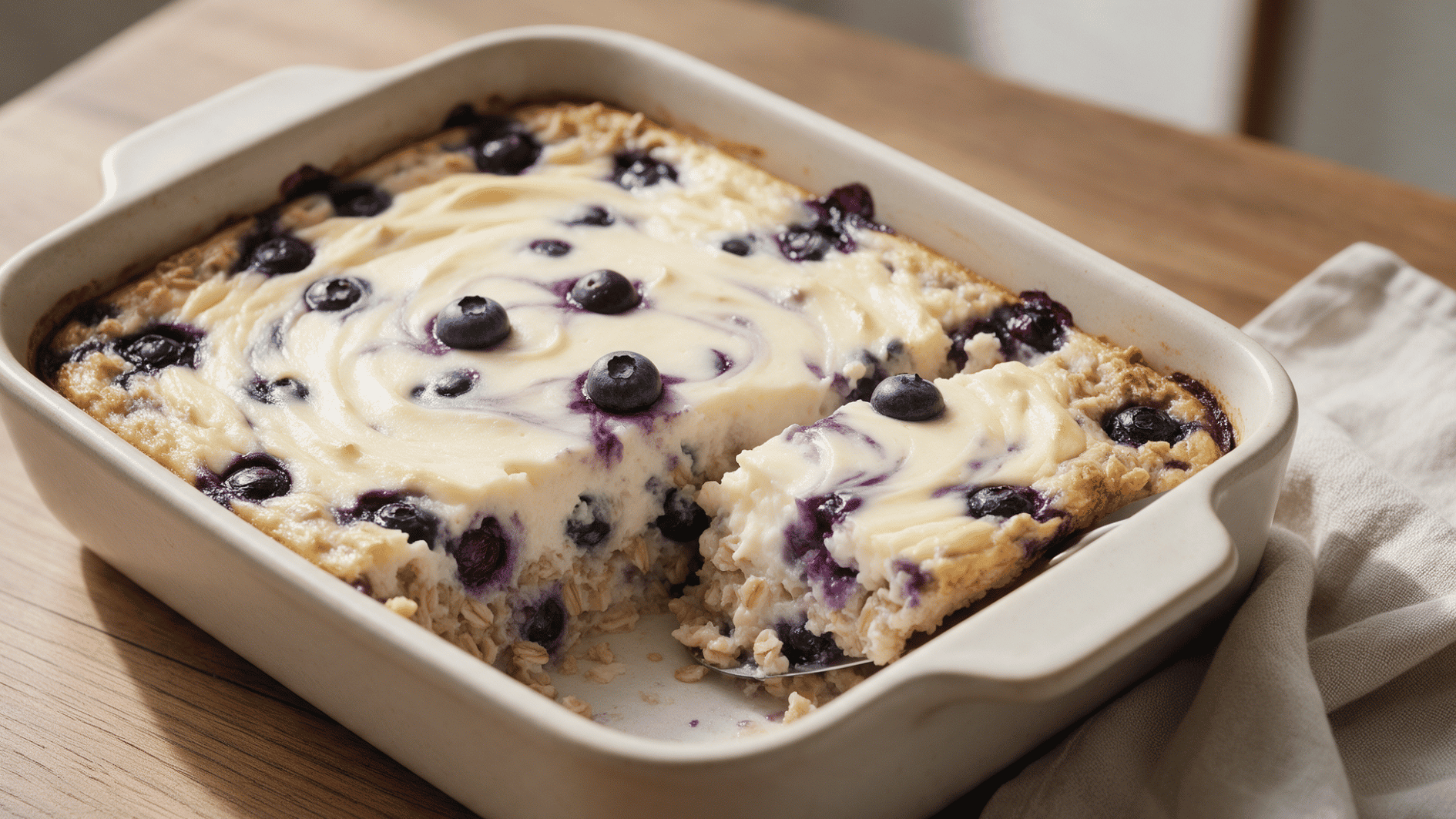 blueberry cheesecake baked oatmeal with blueberries creamy cheesecake layer and baked oats texture