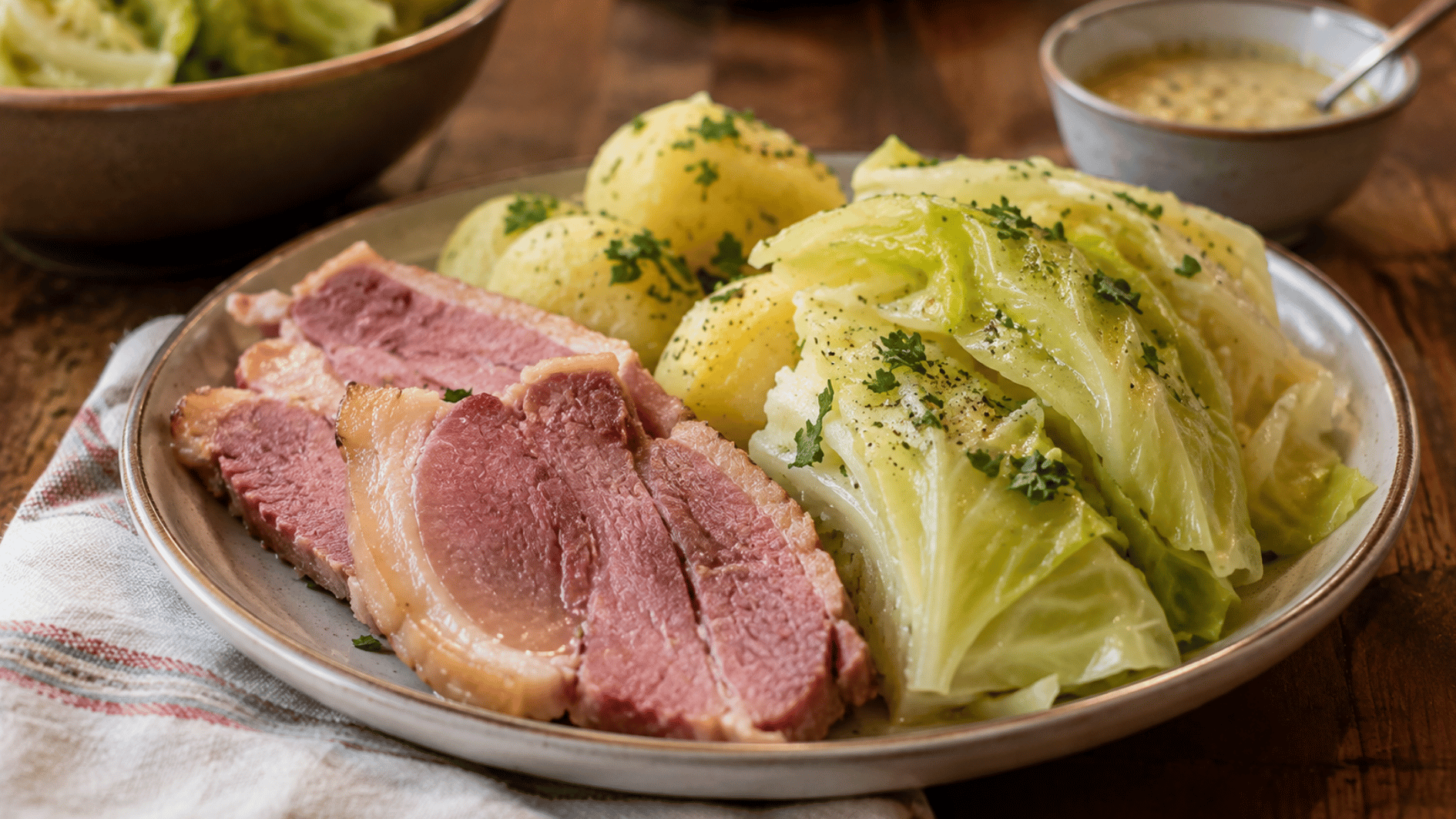 boiled bacon and cabbage with potatoes and parsley sauce served as a traditional irish meal