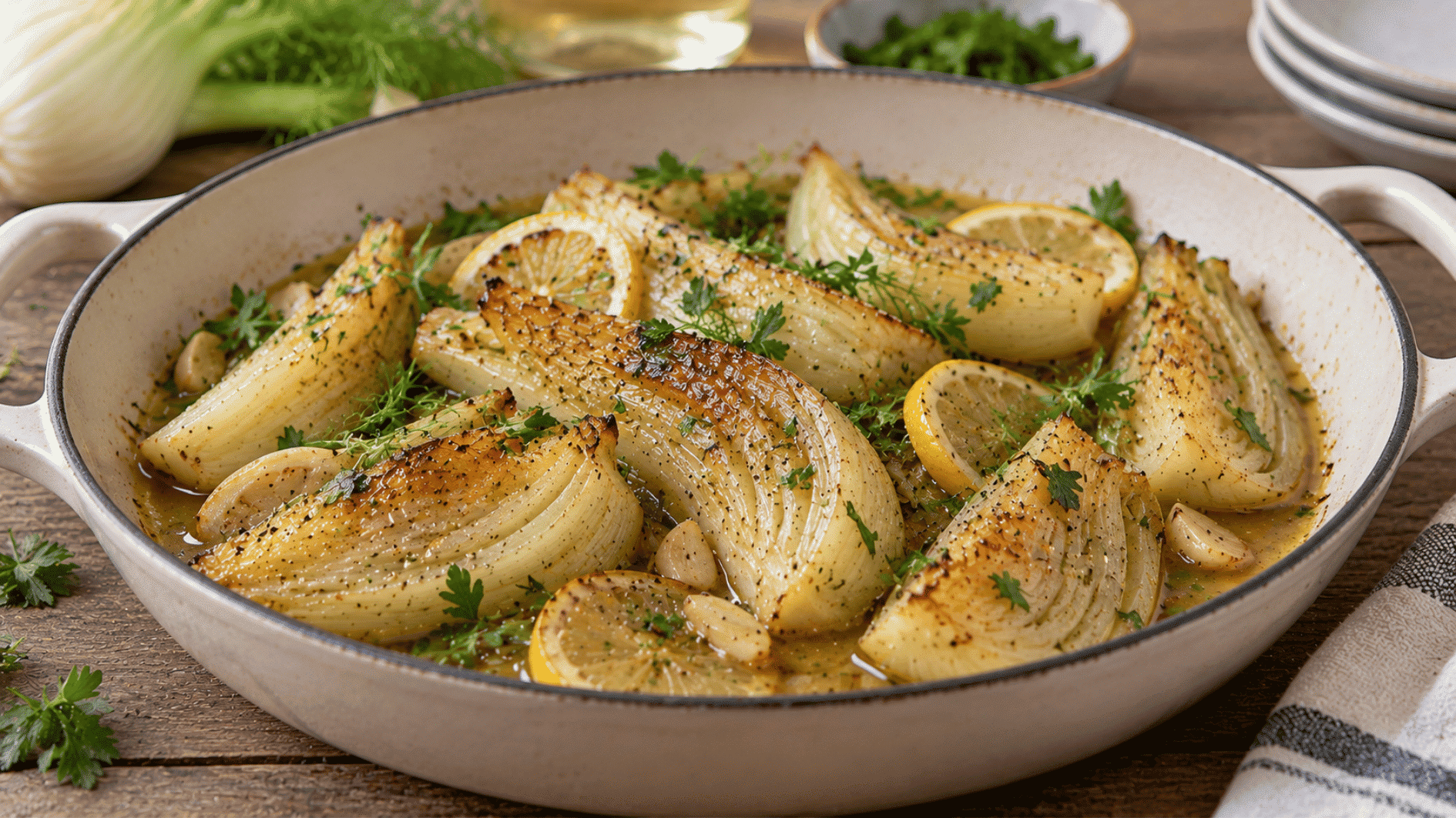 braised fennel wedges with lemon slices, garlic, and fresh herbs in a baking dish