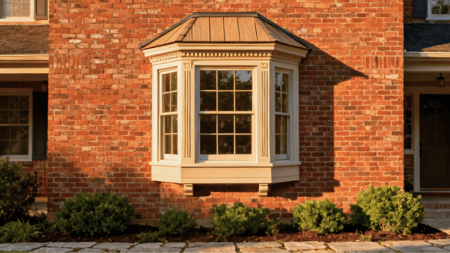 brick colonial home with traditional exterior window trim featuring a curved crown above a framed window and classic details