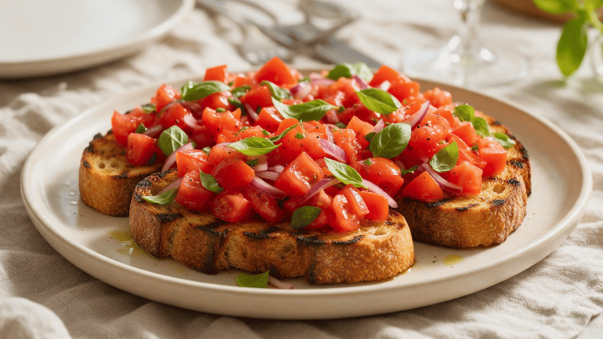 Grilled bread topped with diced tomatoes, red onion, basil, and black pepper on a white plate.