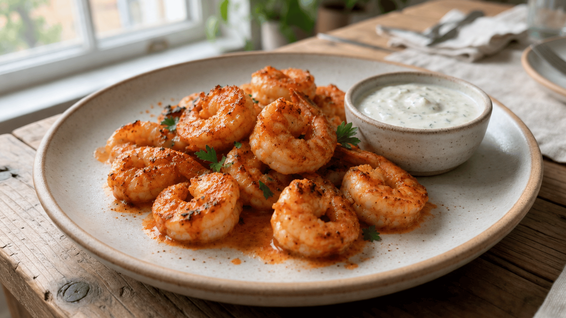 buffalo shrimp with ranch dip served on a ceramic plate with lightly browned edges and spicy sauce