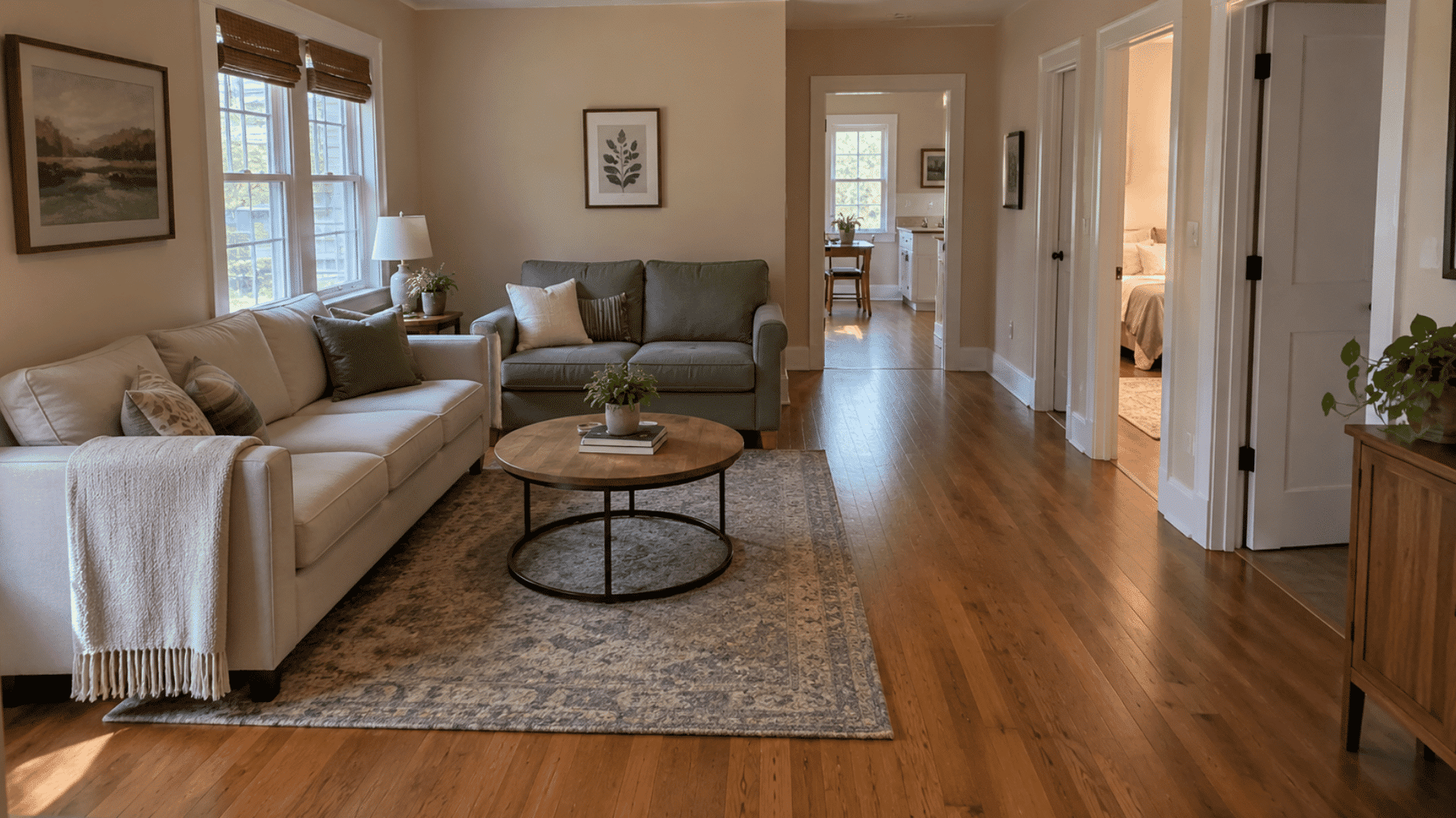 separate sofa and loveseat forming a corner seating area beside an open doorway path
