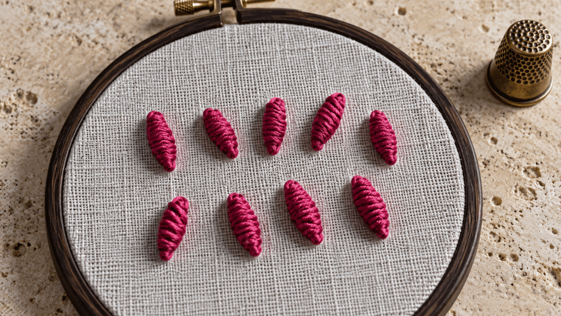 magenta bullion knot embroidery on gray linen showing separate raised coiled tube-like stitches