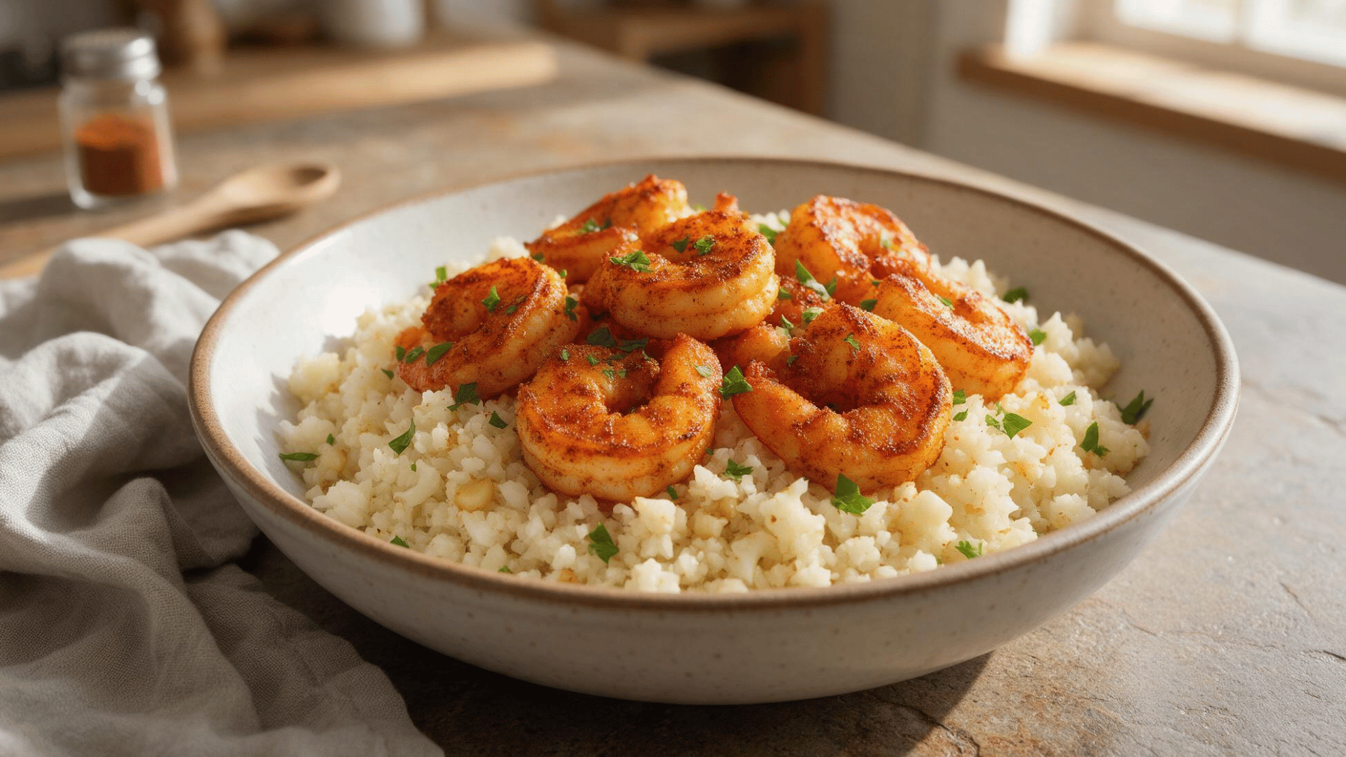 seasoned cajun shrimp served over fluffy cauliflower rice with fresh parsley in a ceramic bowl