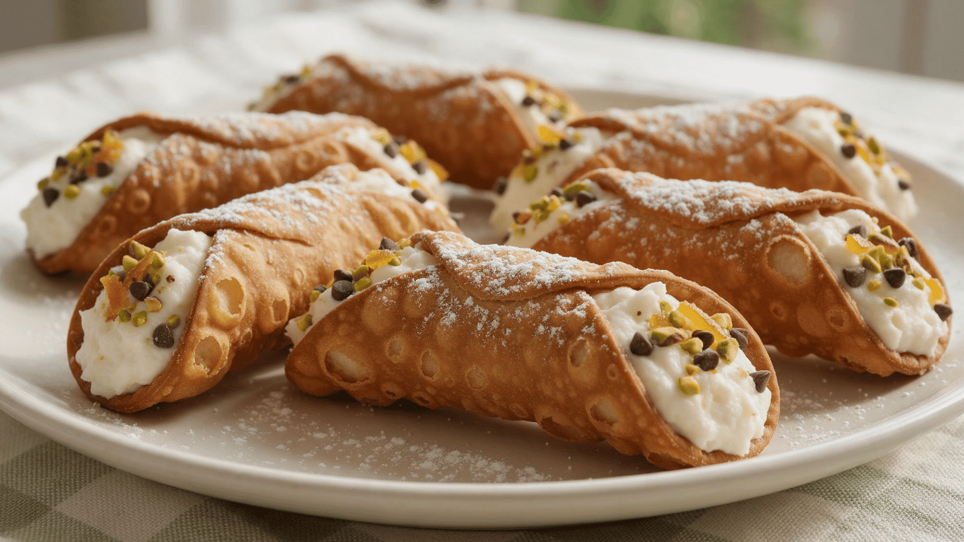Sicilian cannoli filled with ricotta and topped with pistachios chocolate and candied orange.