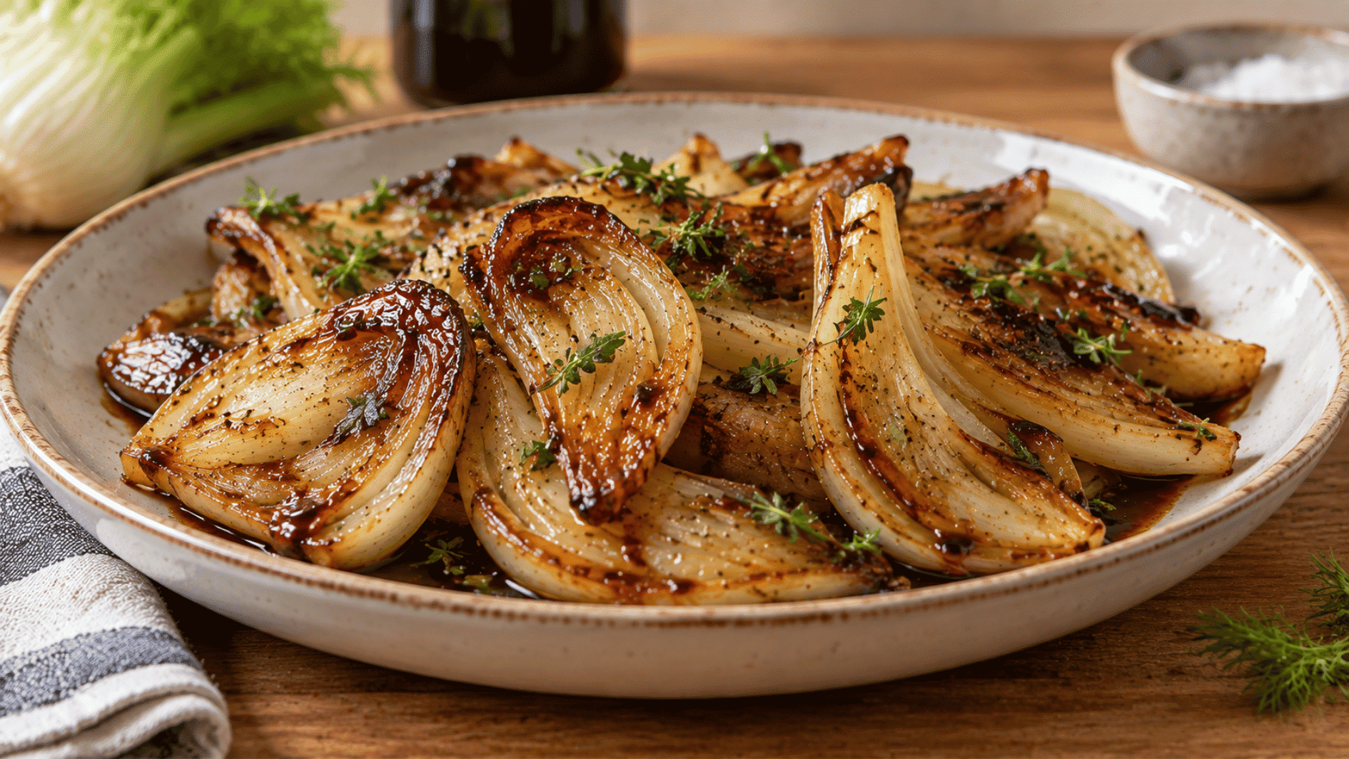caramelized roasted fennel wedges with herbs and black pepper on a serving plate