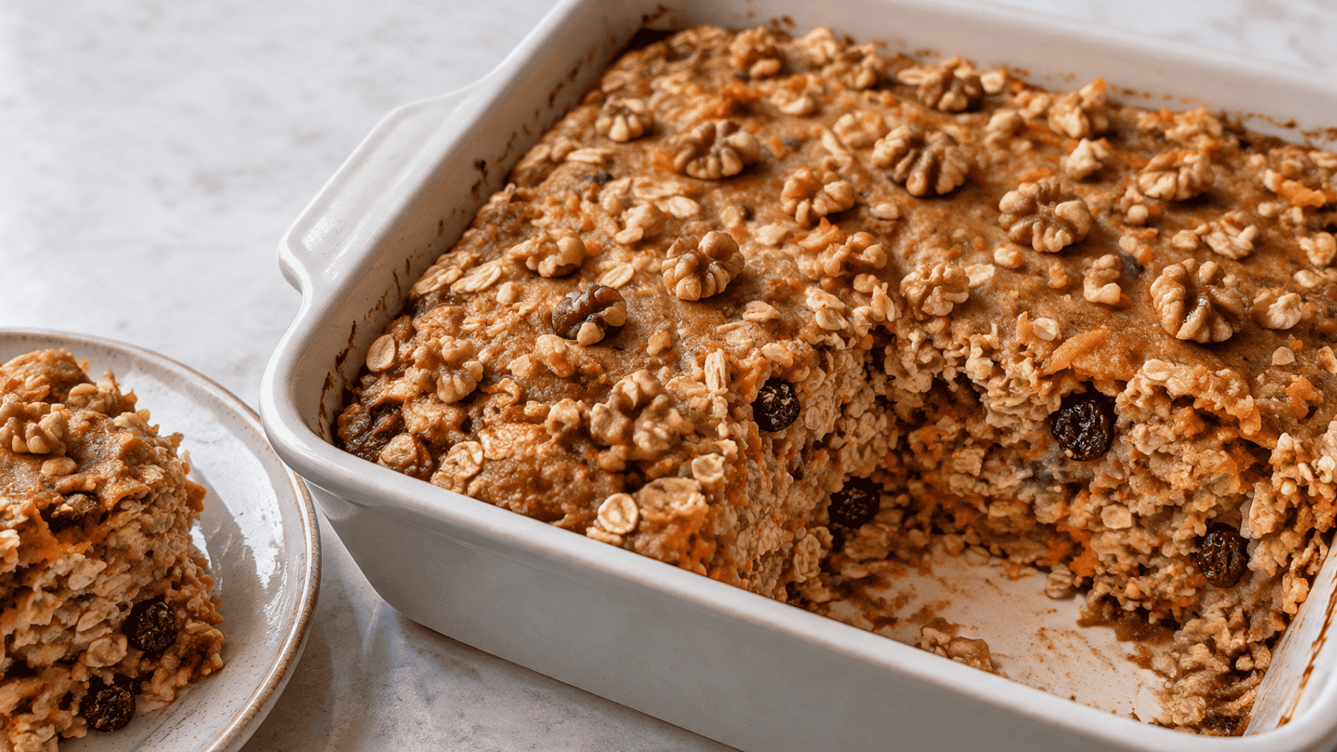 carrot cake baked oatmeal with carrots, walnuts, and creamy topping