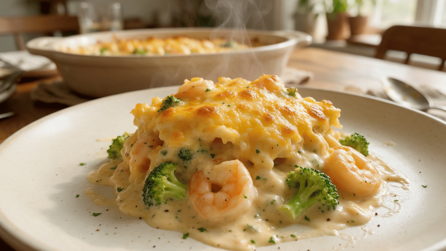 cheesy shrimp casserole with broccoli in a creamy sauce topped with melted golden cheese on a dinner plate