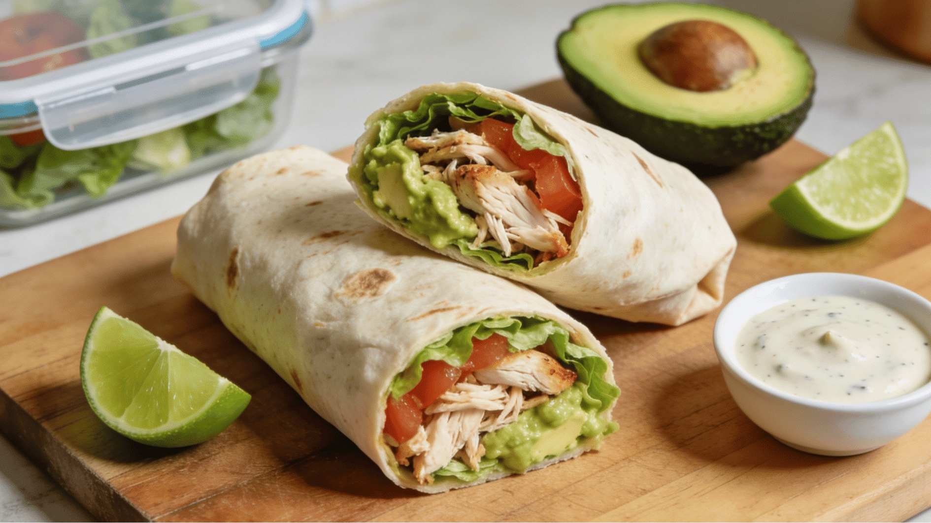 chicken and avocado wrap with shredded chicken lettuce and creamy avocado filling on a kitchen counter