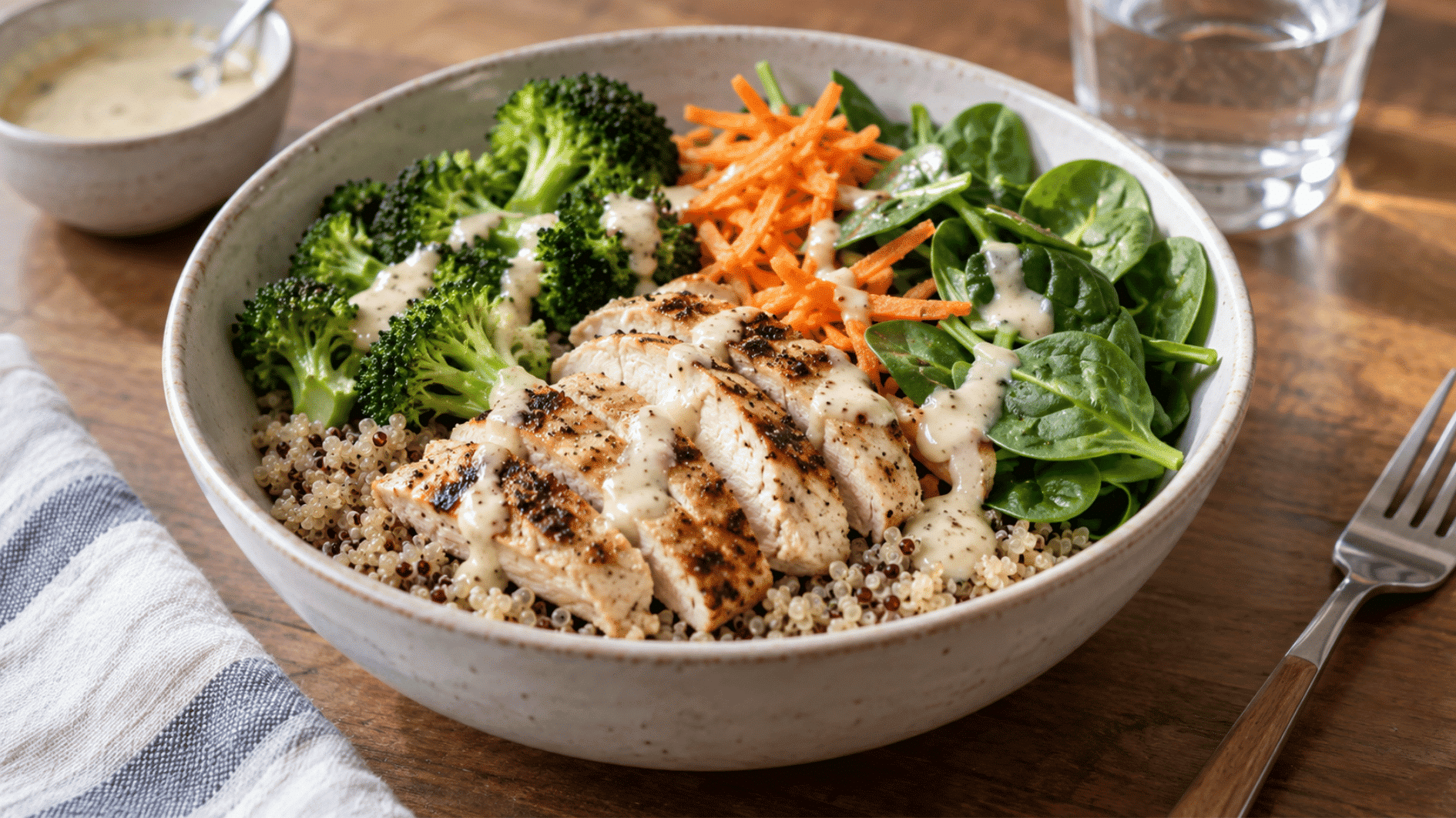 chicken and quinoa bowl with broccoli carrots spinach and creamy dijon yogurt dressing