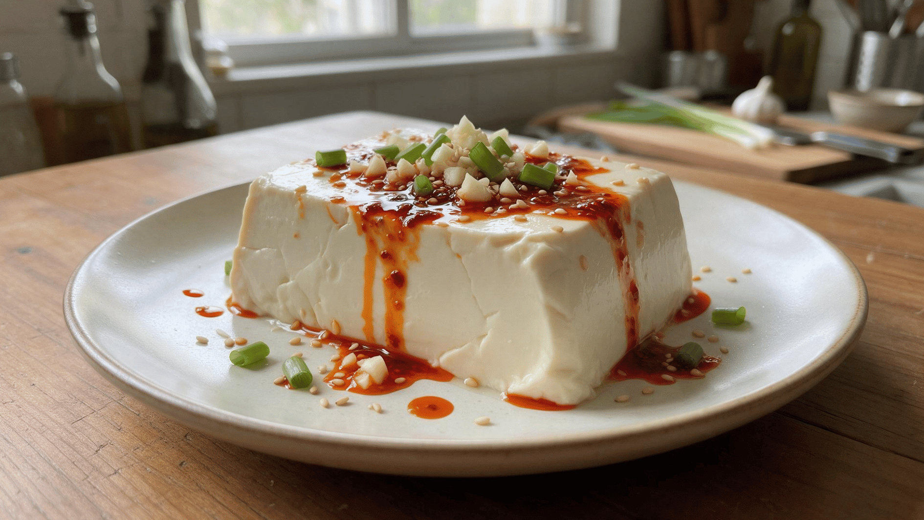 silken tofu topped with chili garlic sauce sesame seeds and chopped scallions