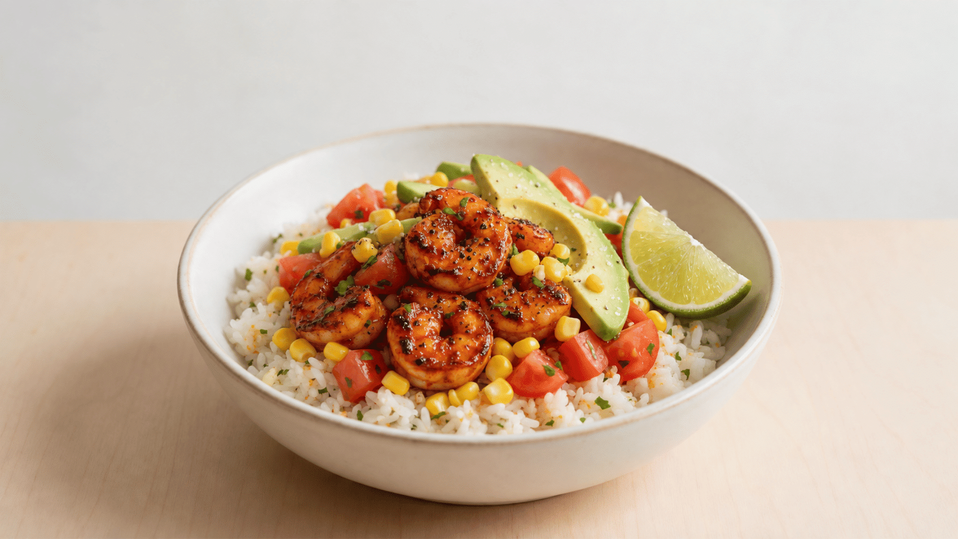 chipotle shrimp rice bowl with grilled shrimp rice corn tomatoes avocado and lime wedge