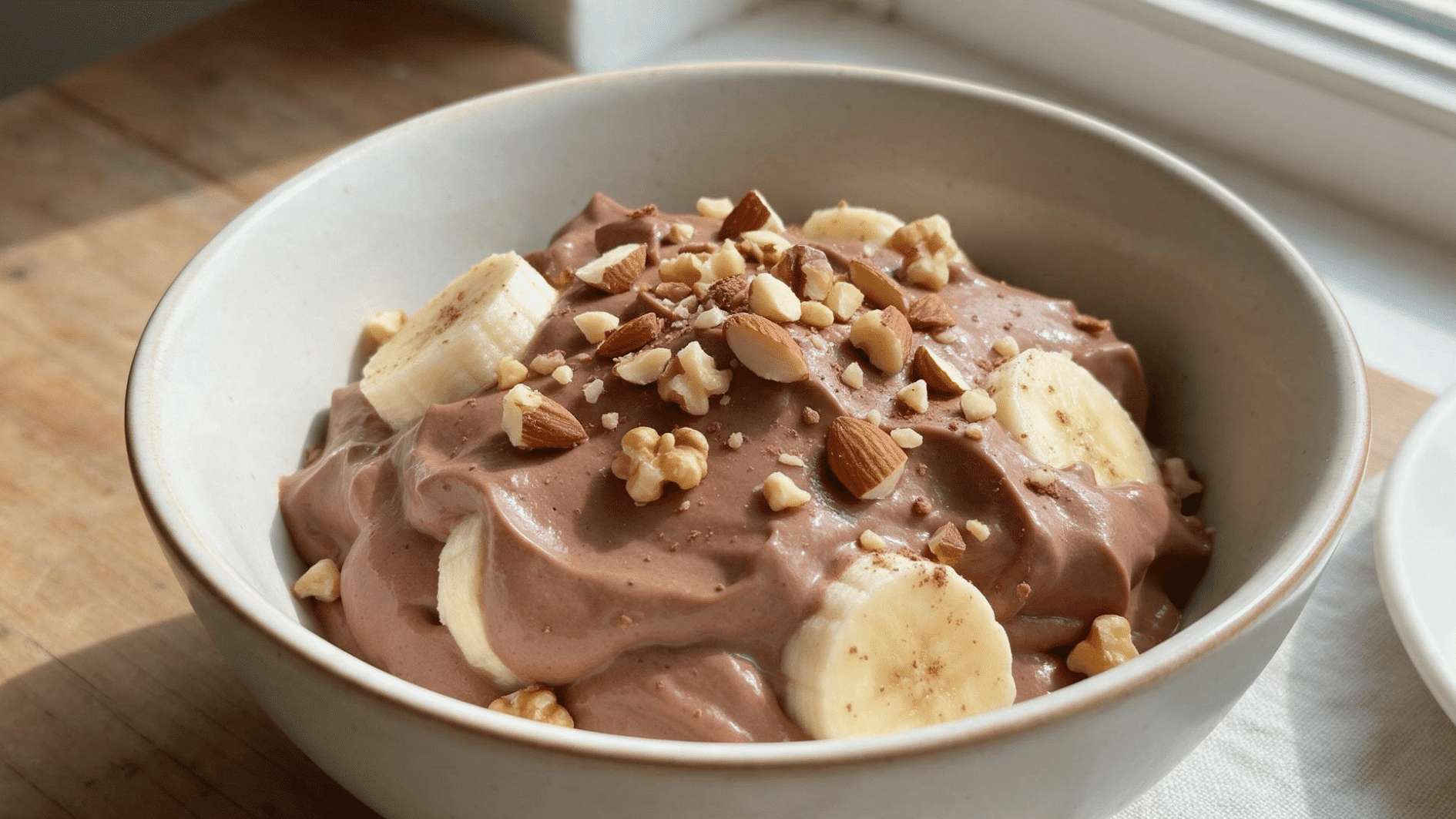 chocolate silken tofu pudding with banana slices and chopped nuts
