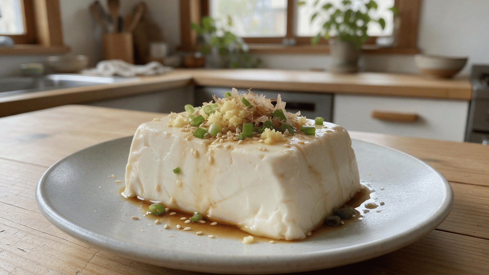 classic cold silken tofu with soy sauce, ginger, scallions, and sesame toppings
