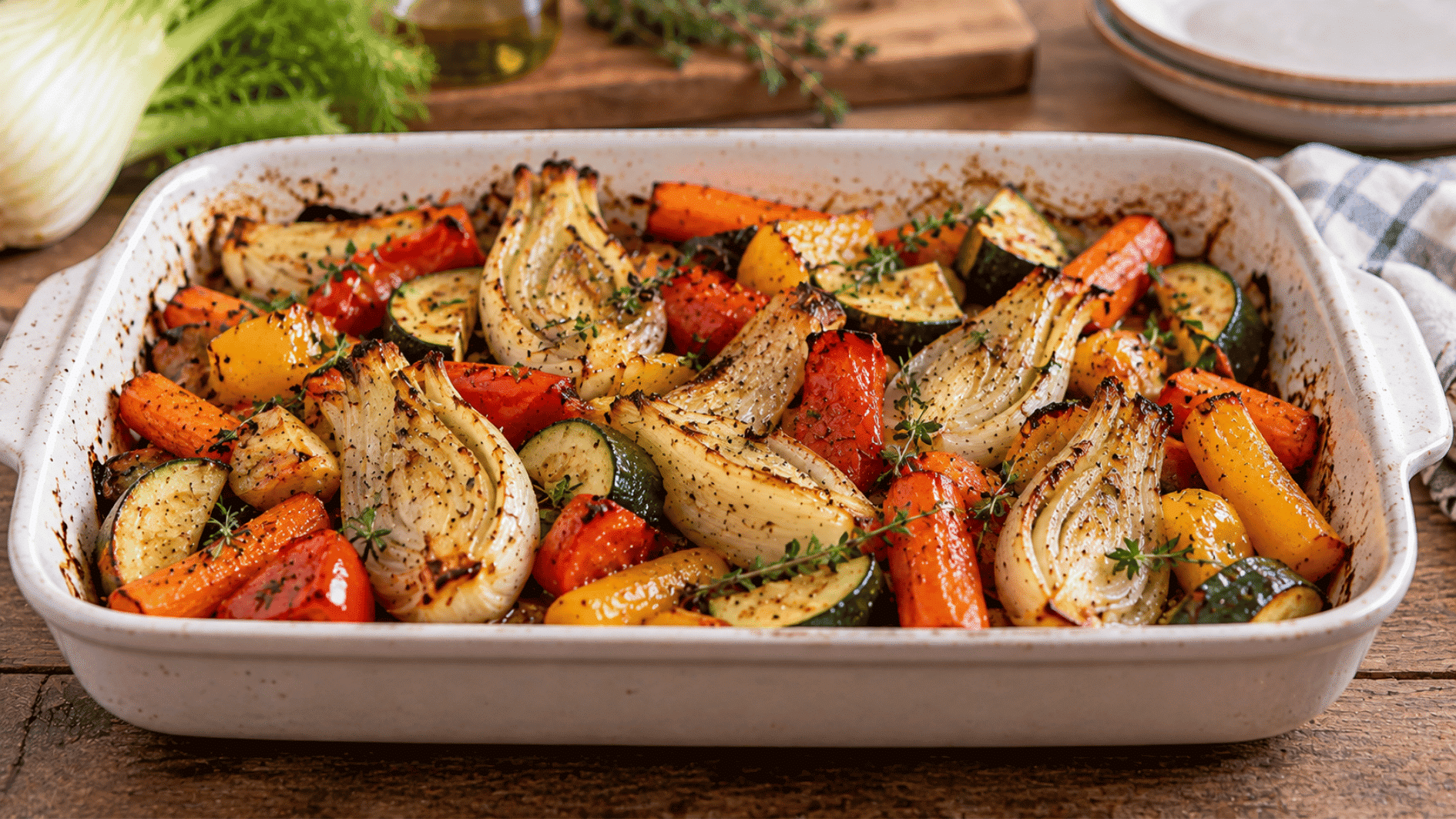 roasted fennel with peppers, zucchini, carrots, and herbs in a baking dish